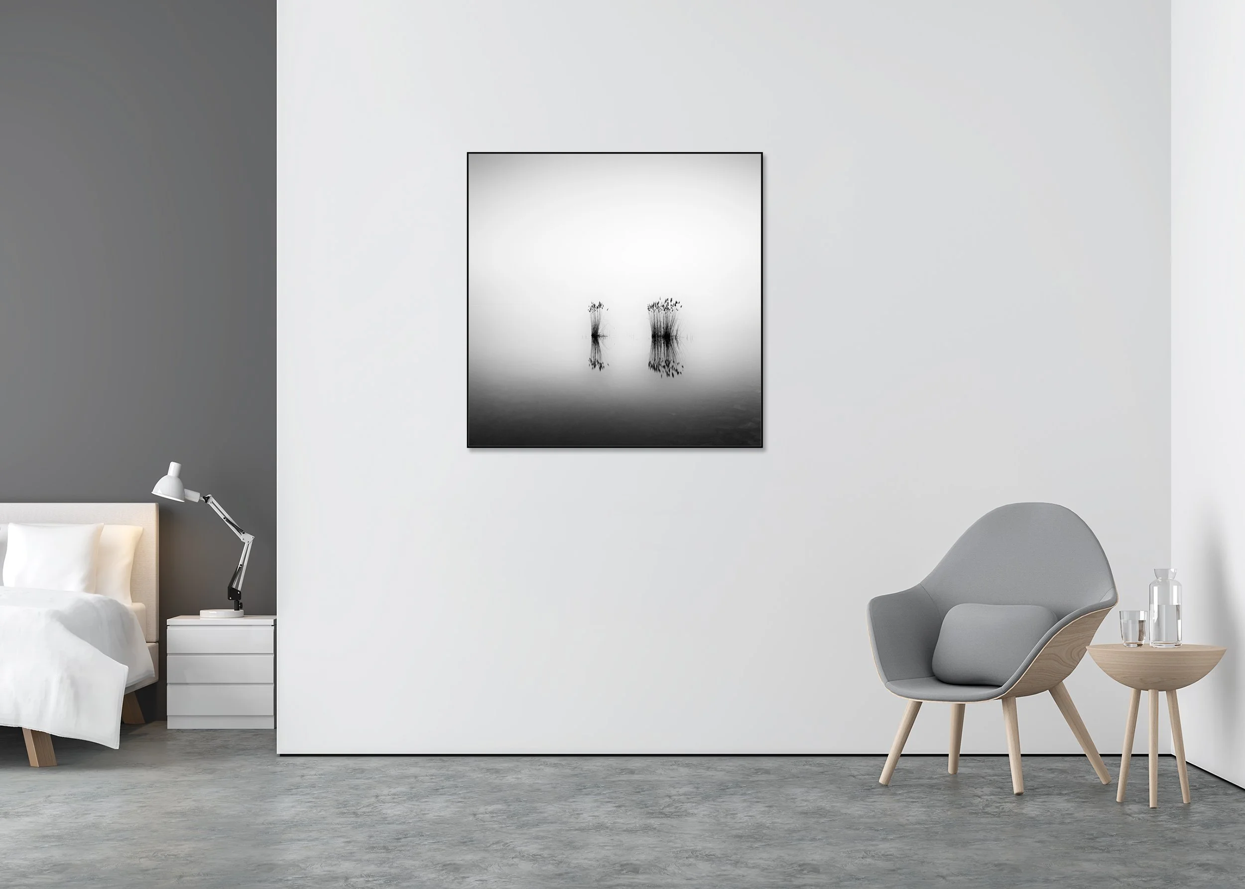 Phragmites Study 1 – Hungary displayed as a black-and-white Dibond print in an aluminium ArtBox frame in a calm bedroom interior