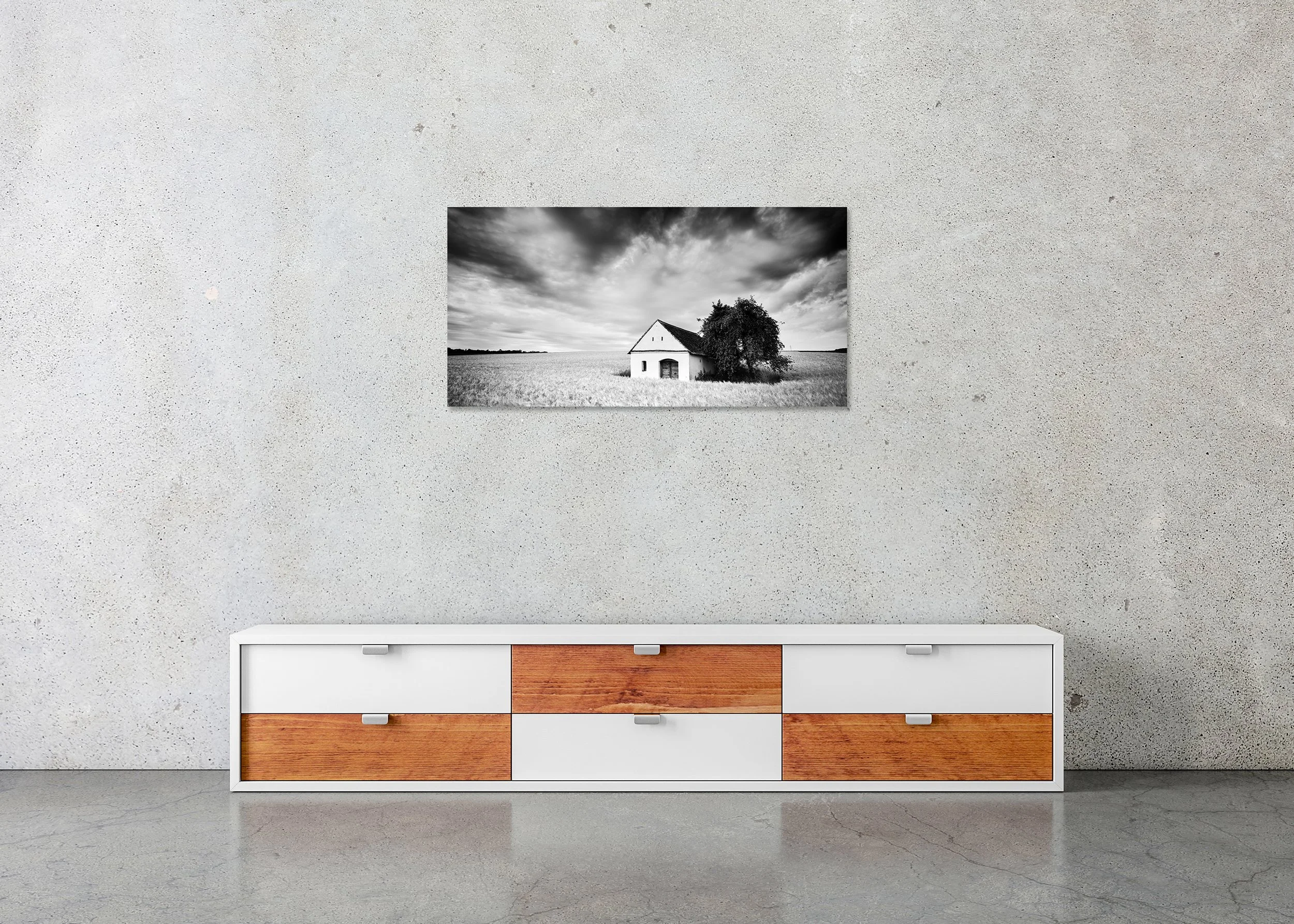 Wine Press House, Panorama Study 1 – frameless black-and-white photograph on aluminium Dibond displayed above a sideboard. Photo by Gerald Berghammer.