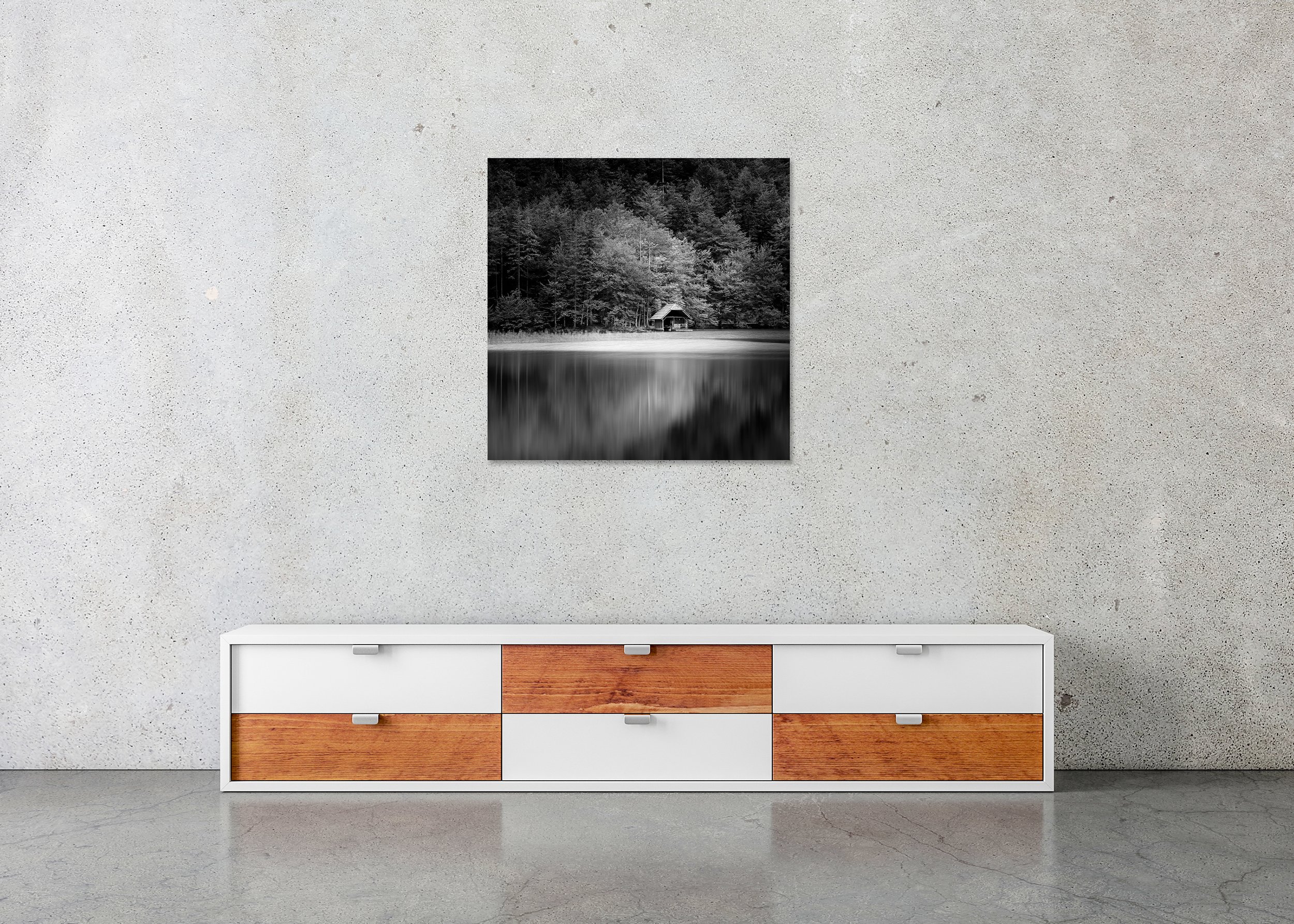 Wooden Boathouse, Study 2 displayed in a modern interior as a frameless aluminium Dibond print by Gerald Berghammer.