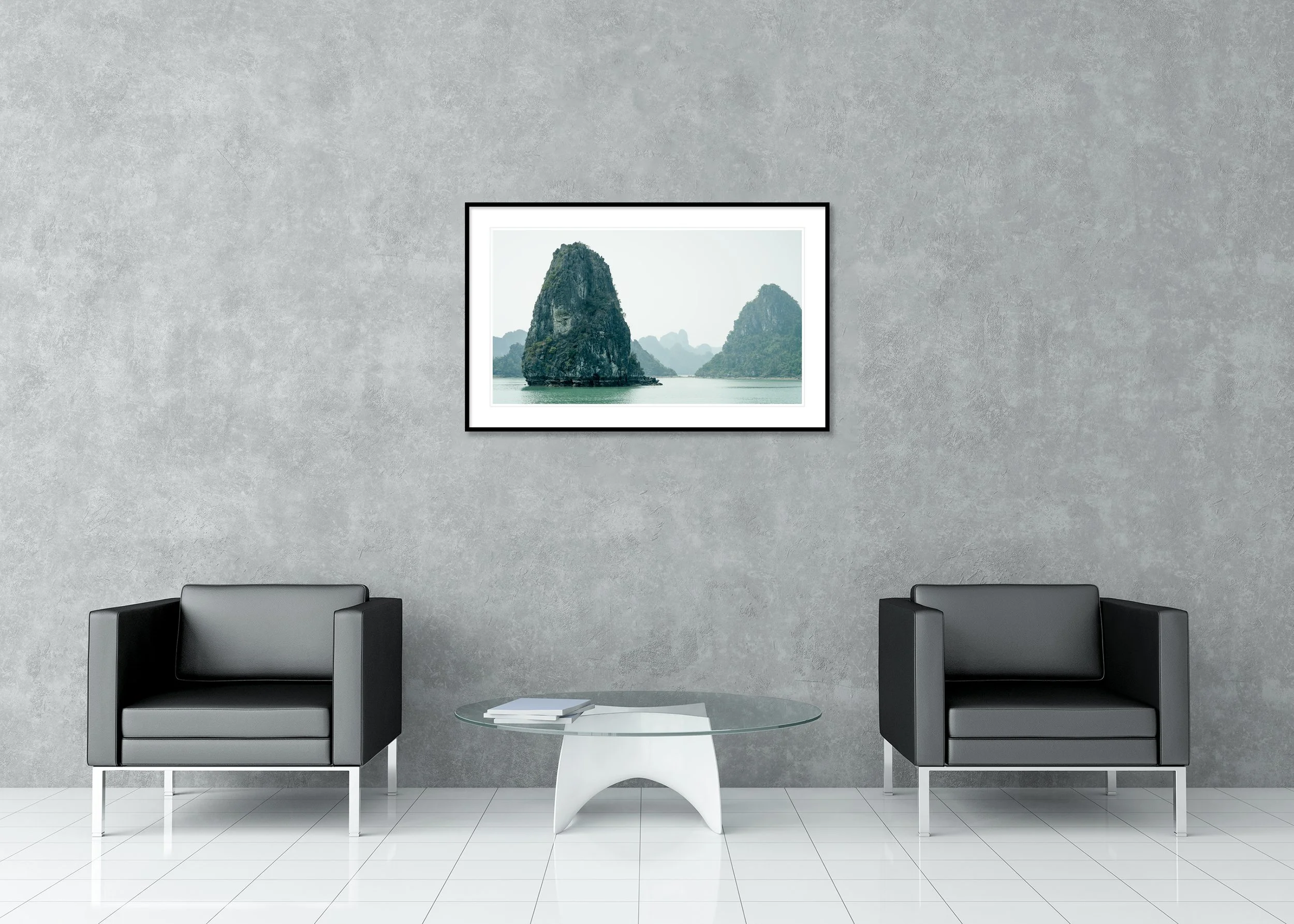Green Limestone Cliffs Study 1 displayed in a modern interior as an archival pigment print in a black aluminium frame with a white mount.
