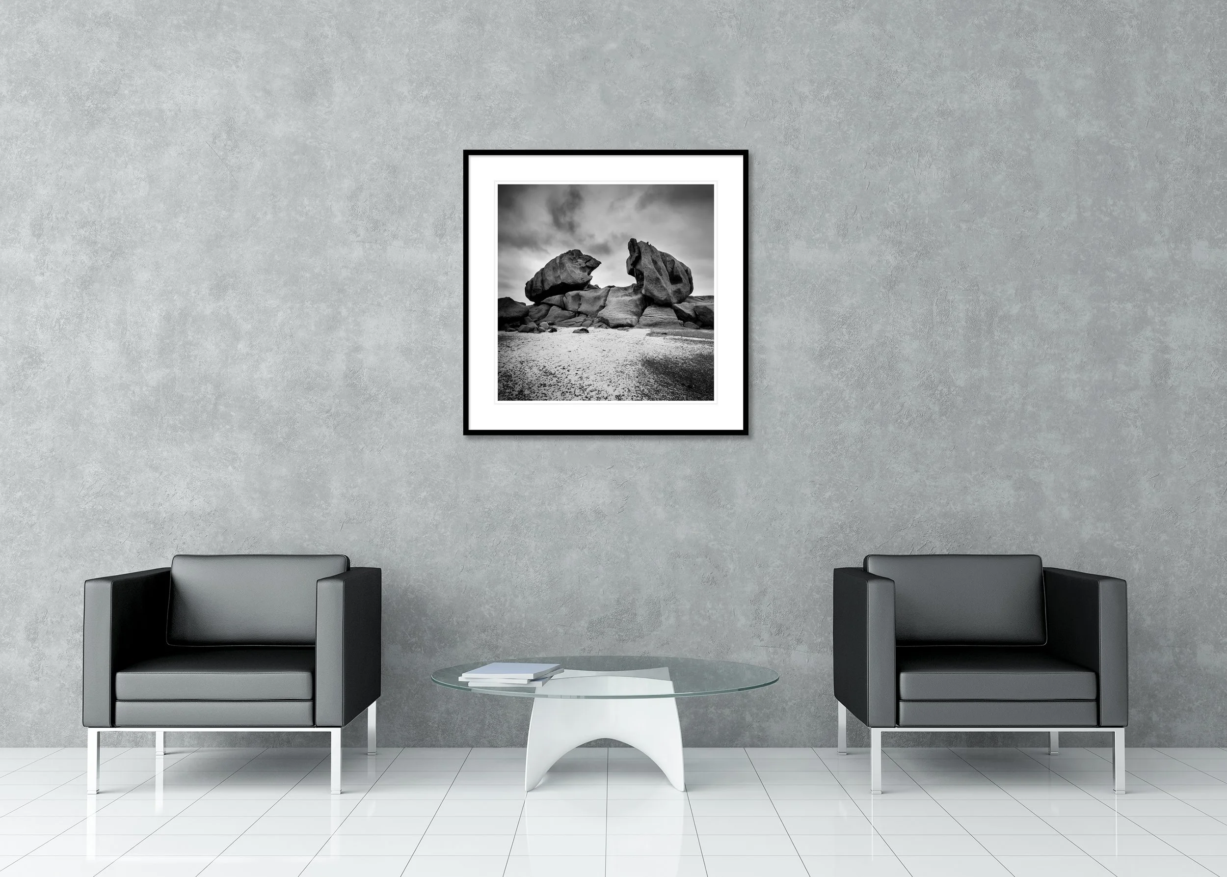 Crab Claws Rock Study 1 displayed in a modern interior as an archival pigment print in a black aluminium frame with white mount by Gerald Berghammer.