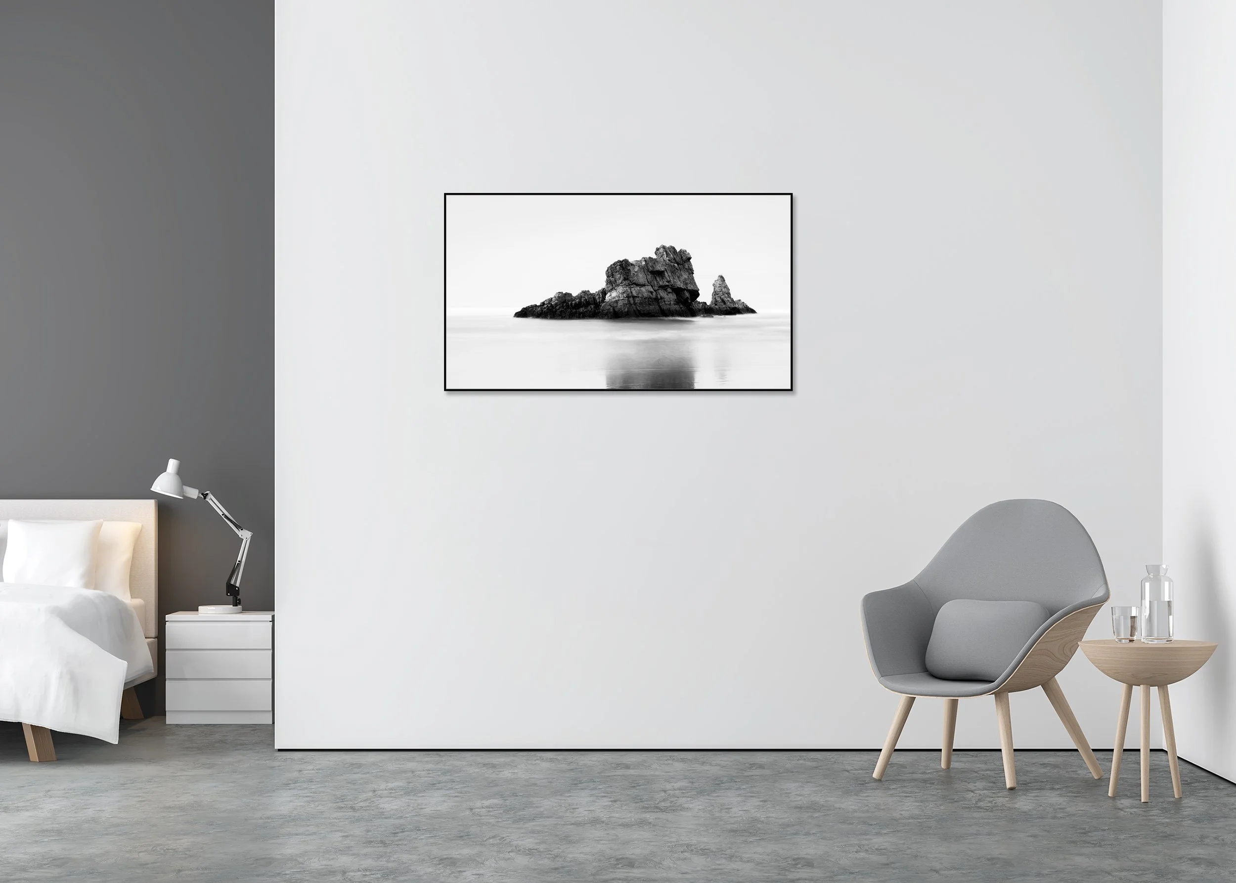 Rock on the Beach Panorama Study 1 displayed in a modern interior, mounted on aluminium Dibond in a black ArtBox frame by Gerald Berghammer.
