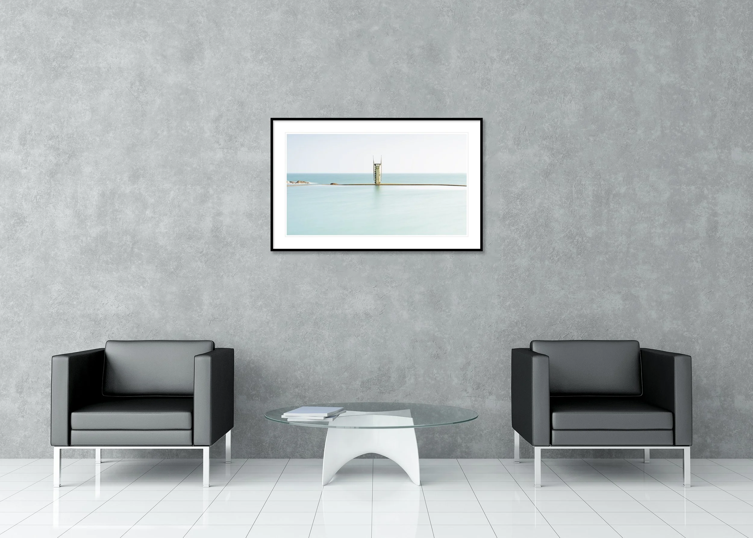 Diving Platform Panorama Study 2 displayed in a modern interior as an archival pigment print in a black aluminium frame with white mount by Gerald Berghammer.