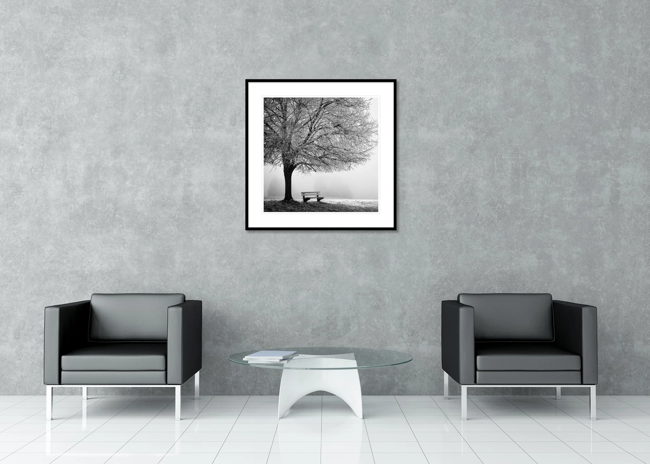 Cold Foggy Winter Morning Study 1 displayed in a modern interior as an archival pigment print in a black aluminium frame with white mount by Gerald Berghammer.