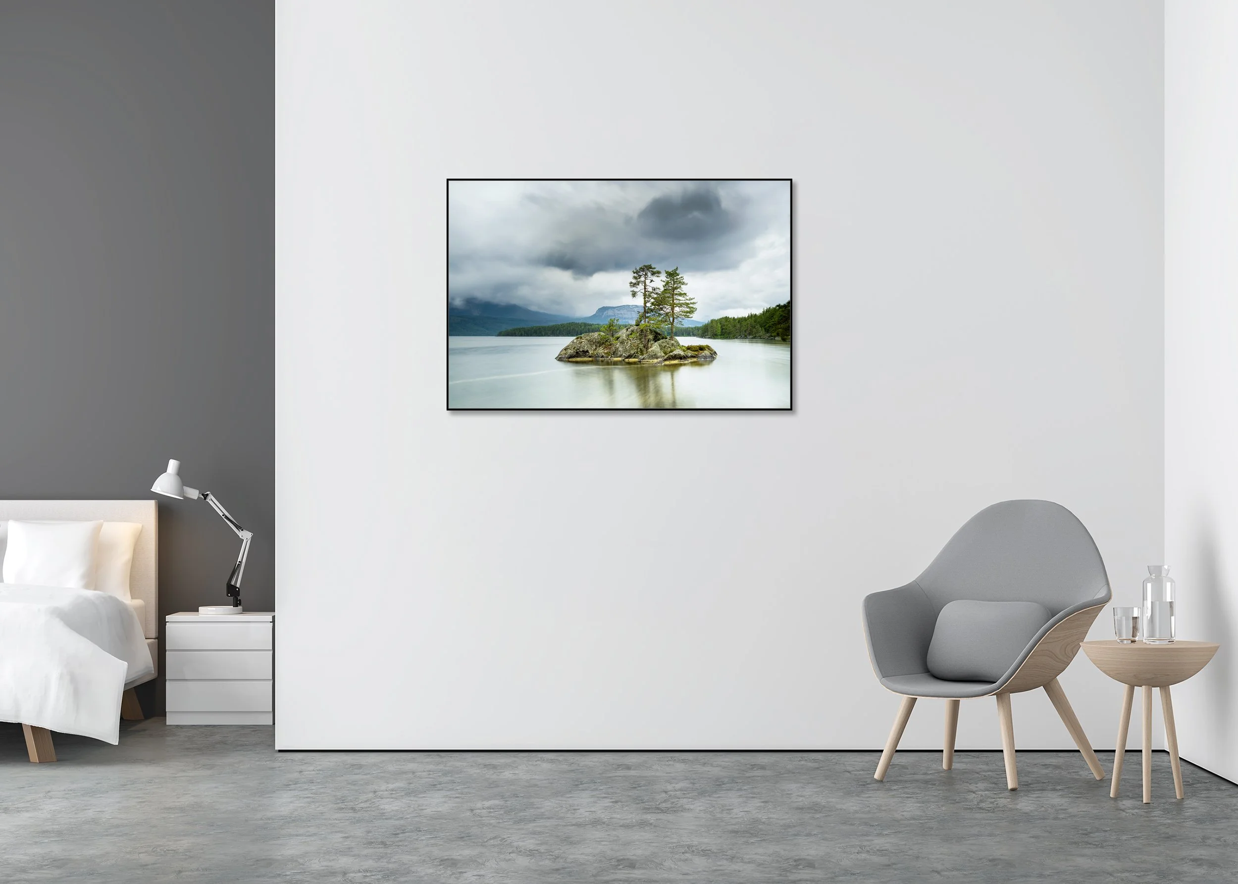 Small Rocky Island with Trees, Norway, displayed in a modern interior as a colour Dibond print in a black aluminium ArtBox frame by Gerald Berghammer.