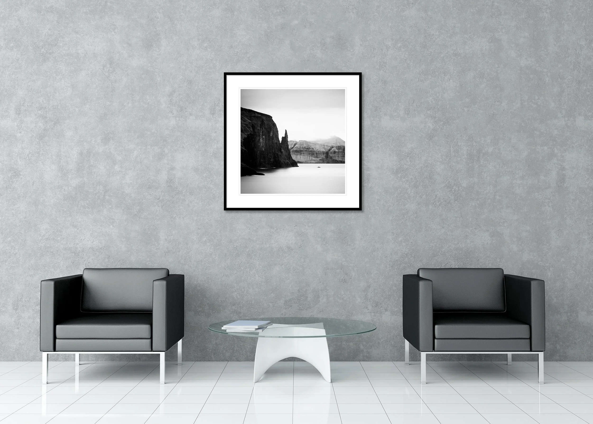 Trøllkonufingur Monolith Study 2 displayed in a modern interior as an archival pigment print in an aluminium frame with white mount by Gerald Berghammer.