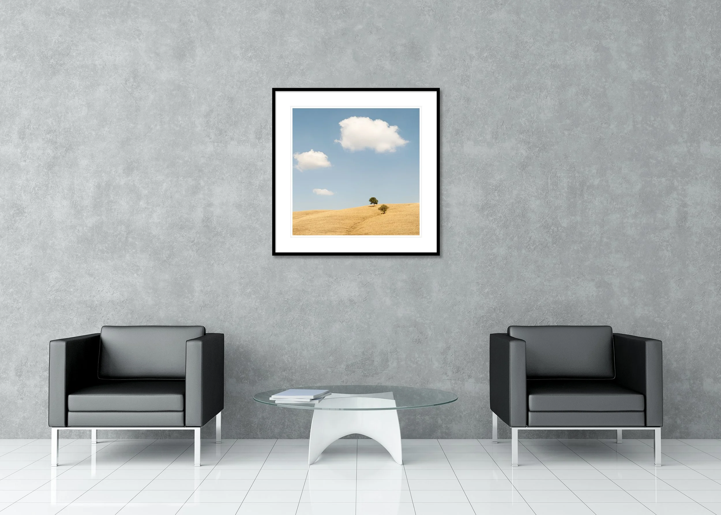 Golden rolling hills in Tuscany with two trees, soft white clouds and blue sky, archival pigment print in a classic frame with a mount