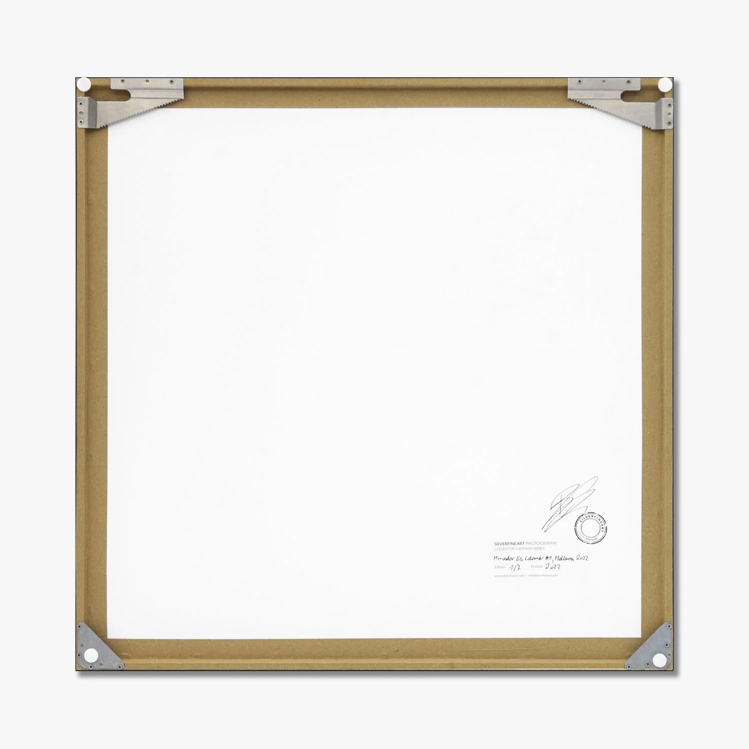 Reverse of Mirador Es Colomer Study 1 by Gerald Berghammer, showing the wooden frame backing, metal corner brackets and signed artwork details.