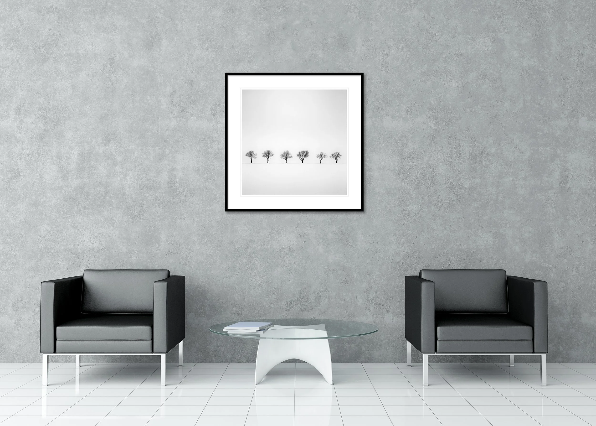 Misty minimalist winter morning in Austria with trees in a snow-covered field, black-and-white archival pigment print in a classic frame with mount