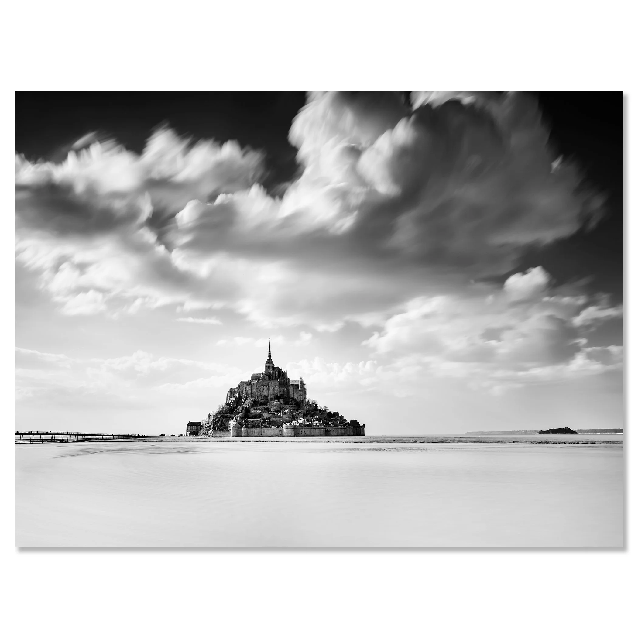 Mont-Saint-Michel Study 1 by Gerald Berghammer shown as a frameless black-and-white Dibond artwork.