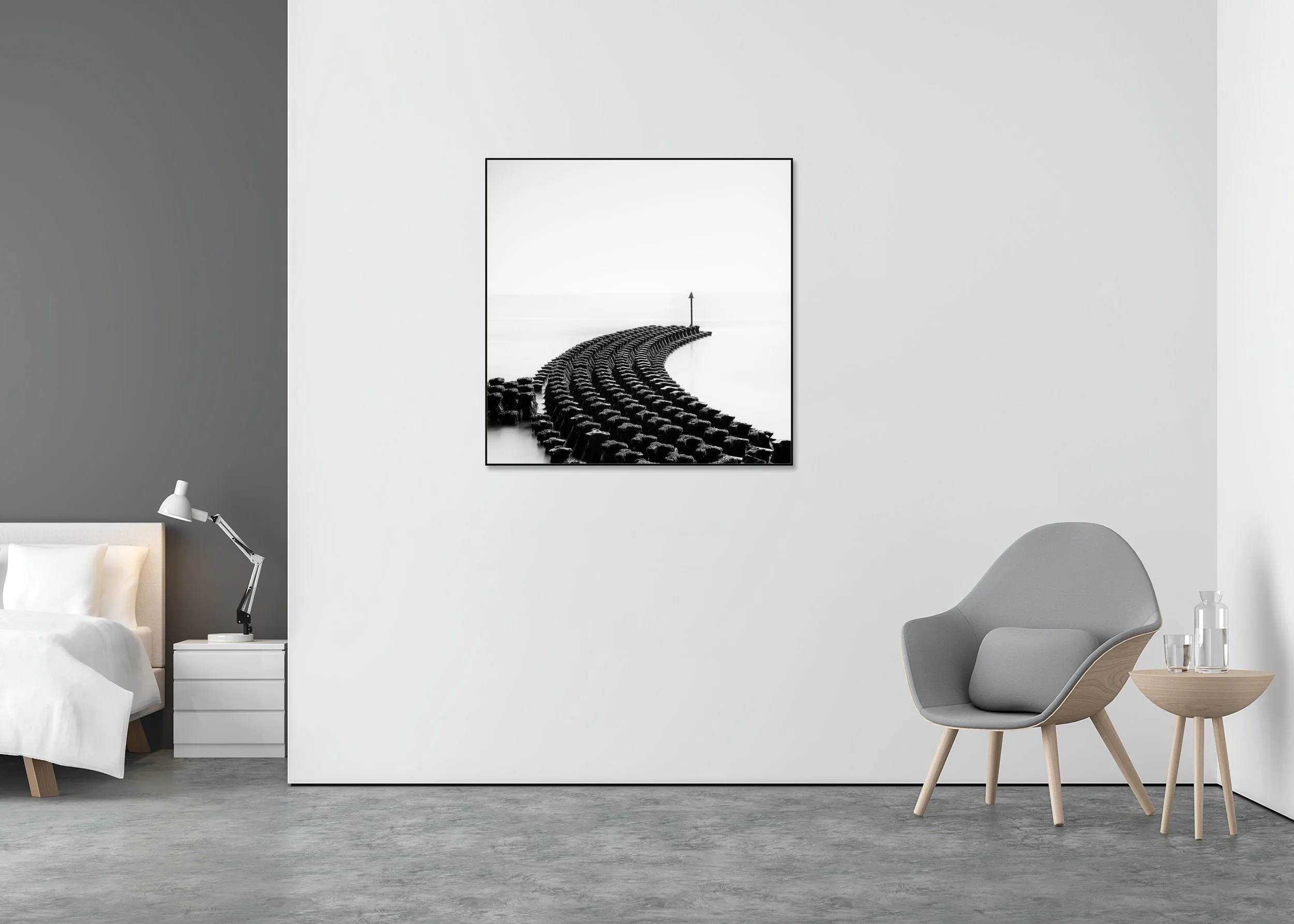 Cobbolds Point Study 1 displayed in a modern interior, mounted on aluminium Dibond in a black ArtBox frame by Gerald Berghammer.