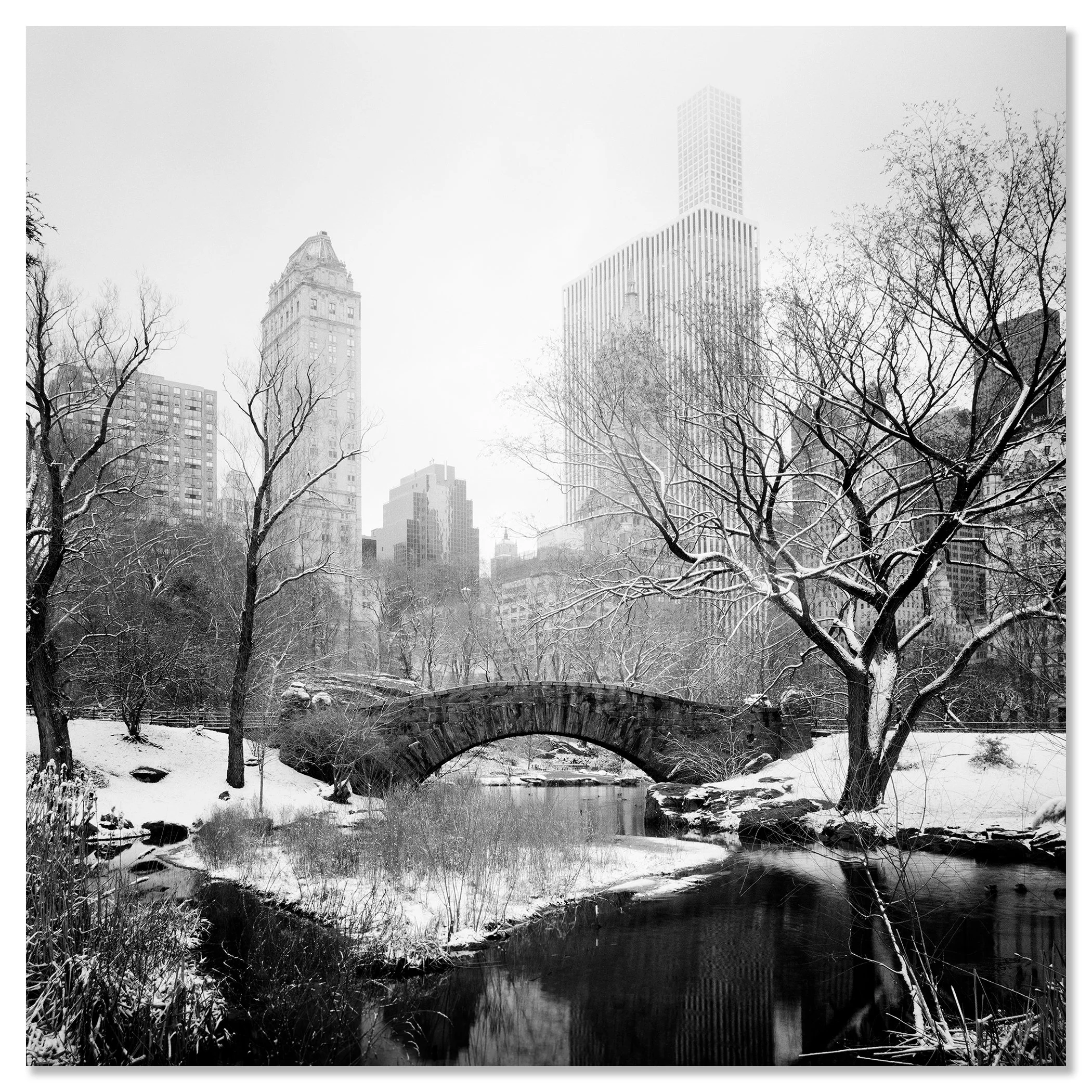 Central Park in winter with an old stone bridge, bare trees and tall buildings in New York City – dibond frameless