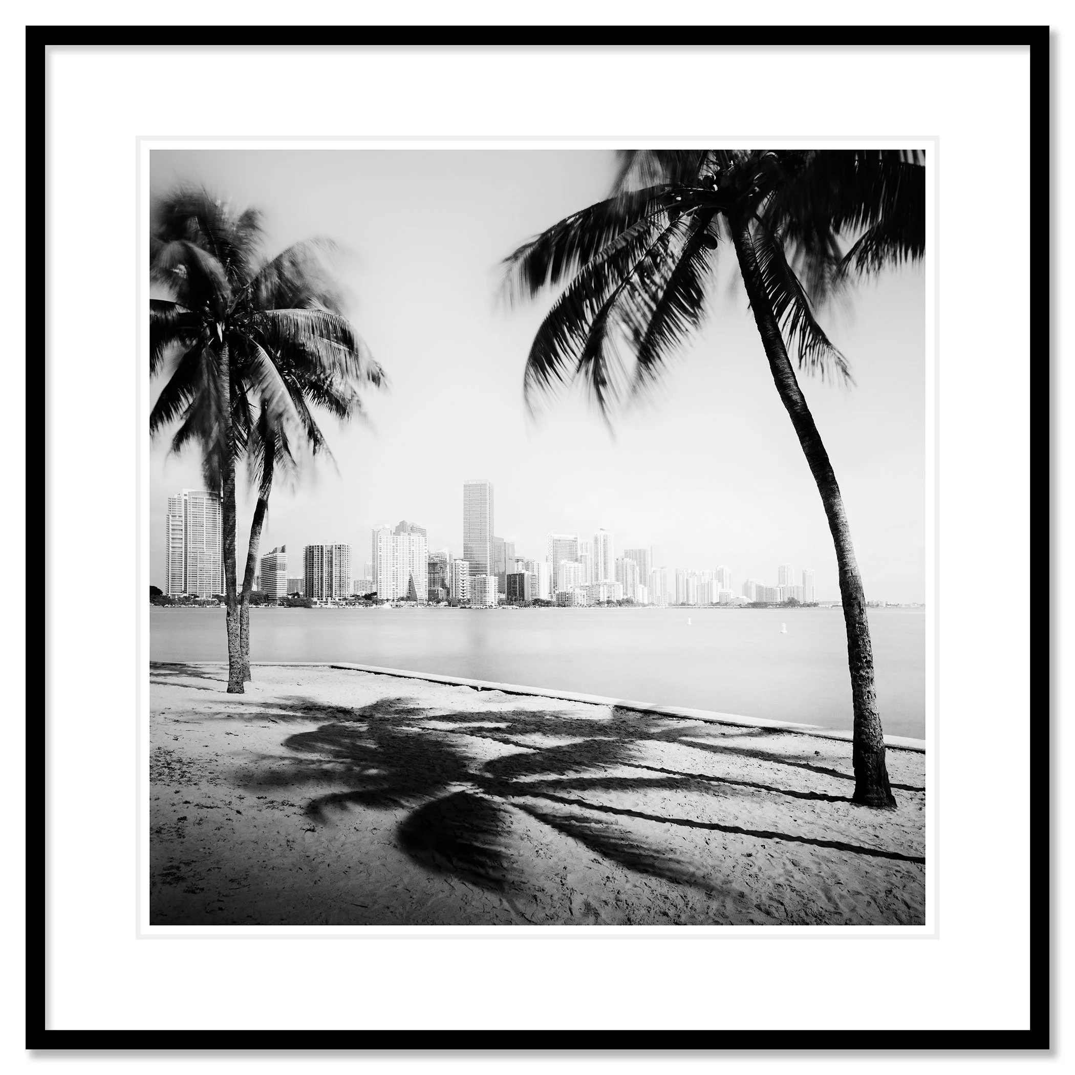 Gerald Berghammer - Black and white cityscape photography. Beach with palm trees in the foreground and the city skyline of Miami Beach in the background. Classic framed black