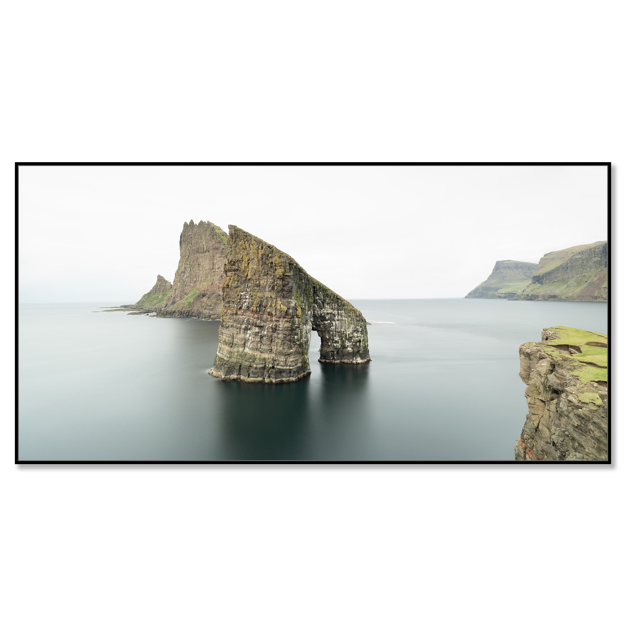Drangarnir, Panorama Study 1 – Faroe Islands, colour photograph in a black aluminium ArtBox frame.