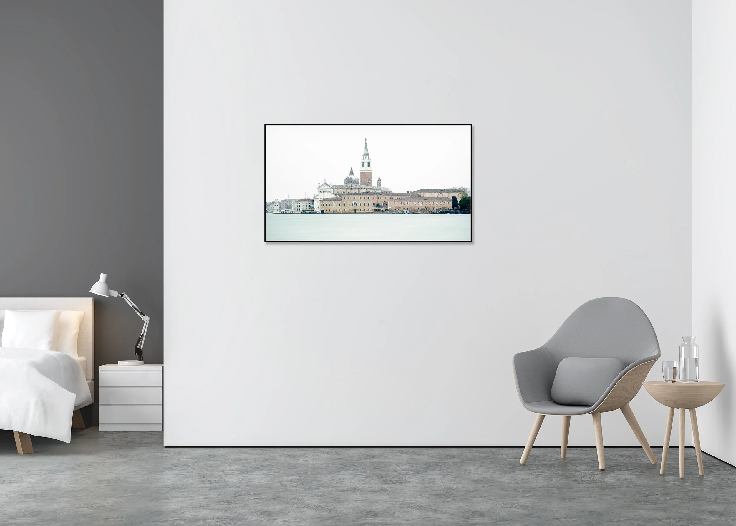 View of Venice, Panorama Study 5 – colour photograph in a black aluminium ArtBox displayed in a minimalist interior. Photo by Gerald Berghammer.