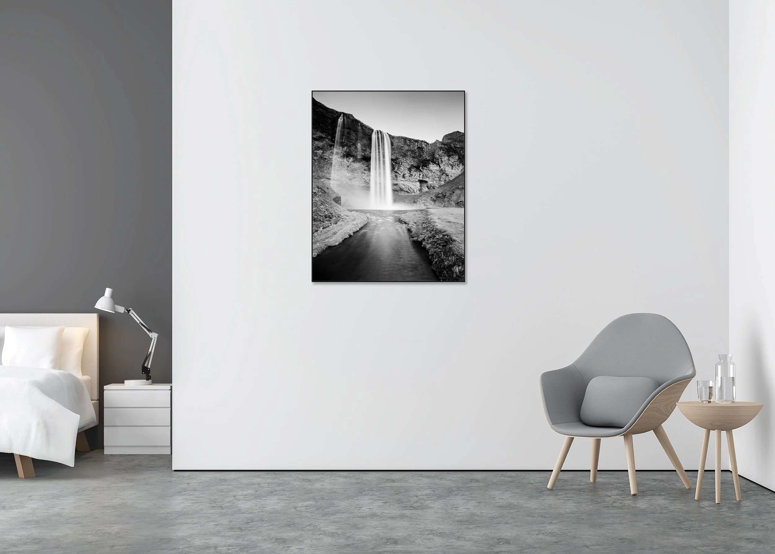 Seljalandsfoss Study 1 displayed in a modern interior as a black-and-white Dibond print in a black aluminium ArtBox by Gerald Berghammer.