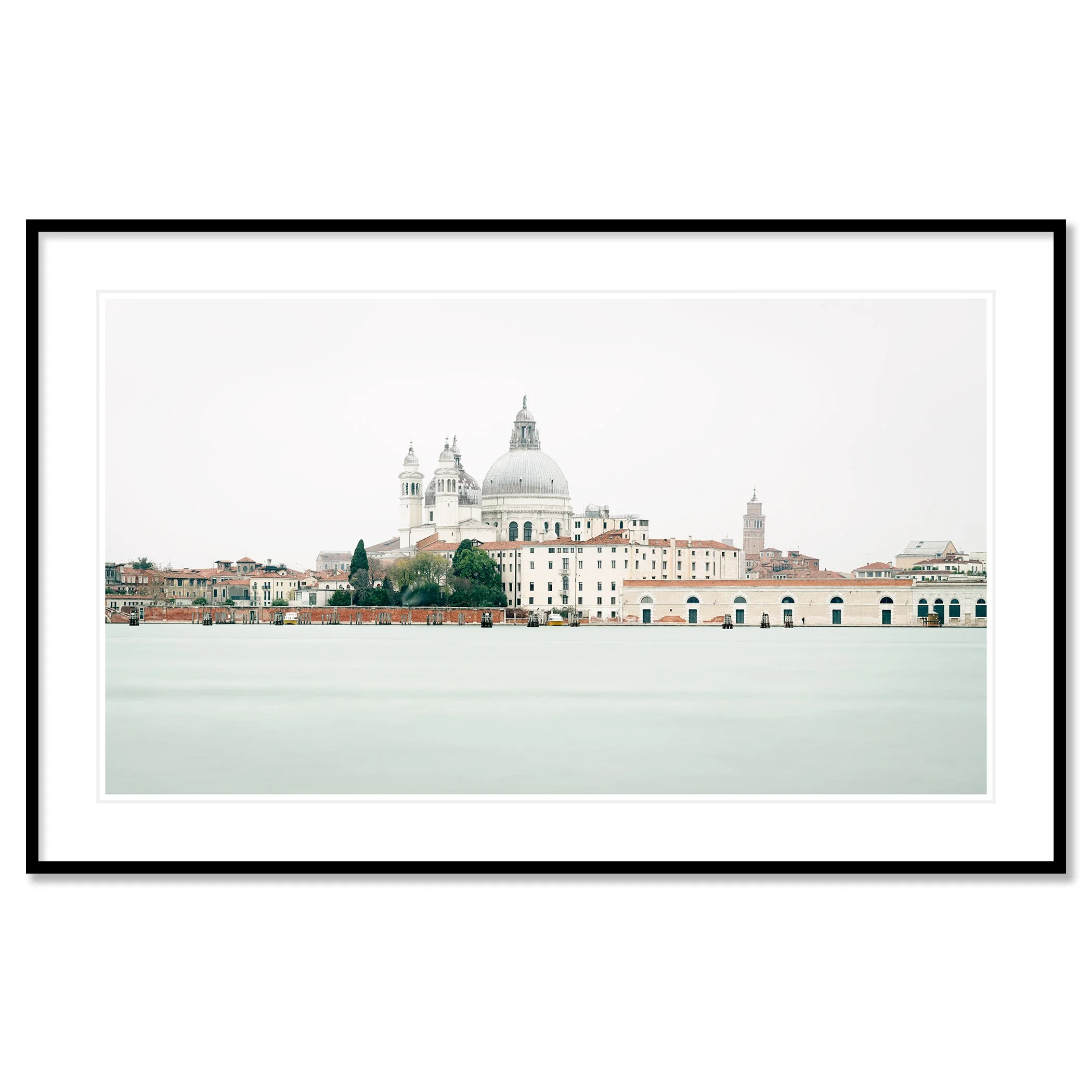 Gerald Berghammer - Color cityscape photography. View of a city skyline with the Basilica di Santa Maria della Salute in Venice, Italy, on a foggy day. Classic framed black