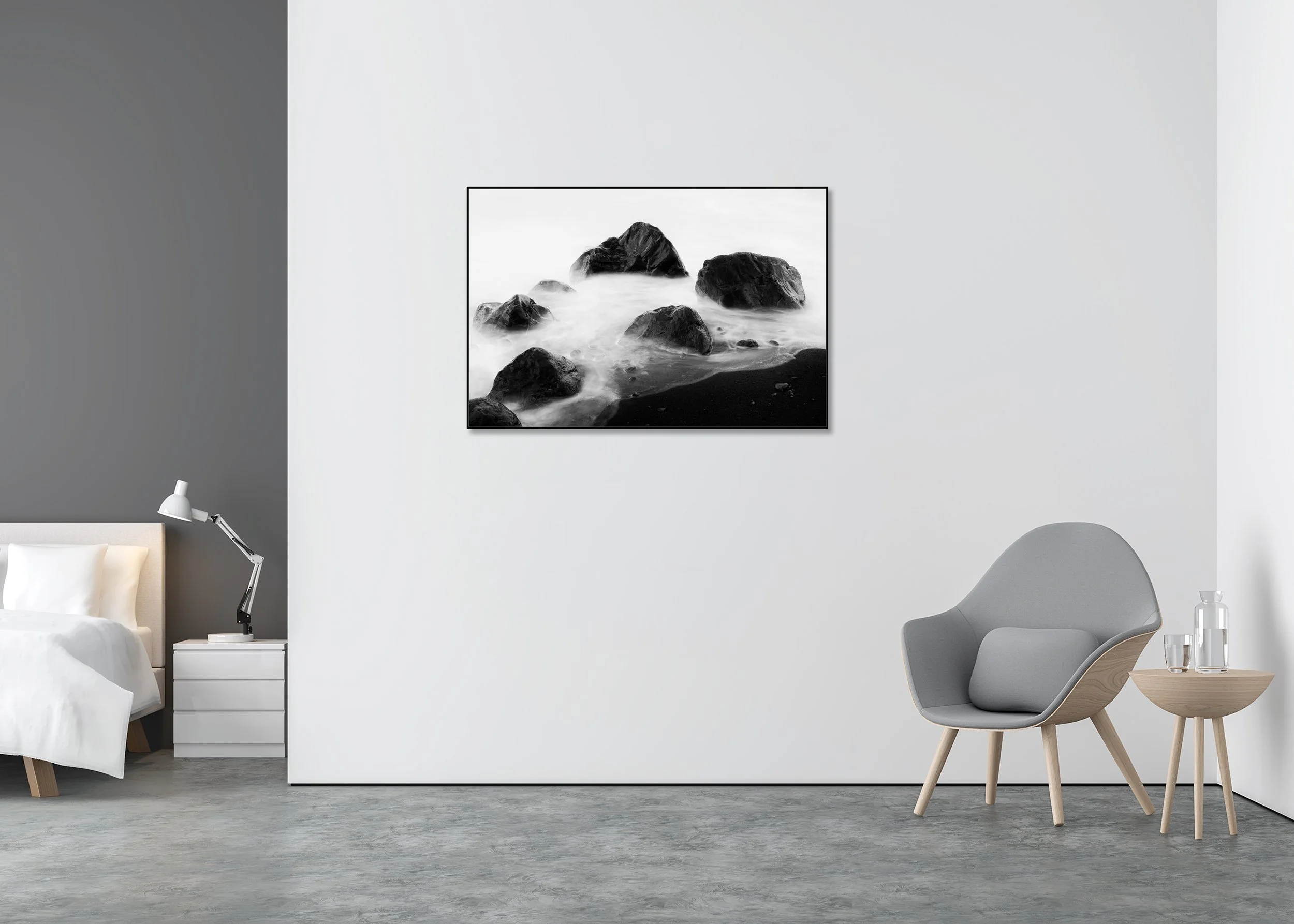 Black Rocks and a Few Stones – Spain displayed on a wall as a Dibond print in an aluminium ArtBox frame.