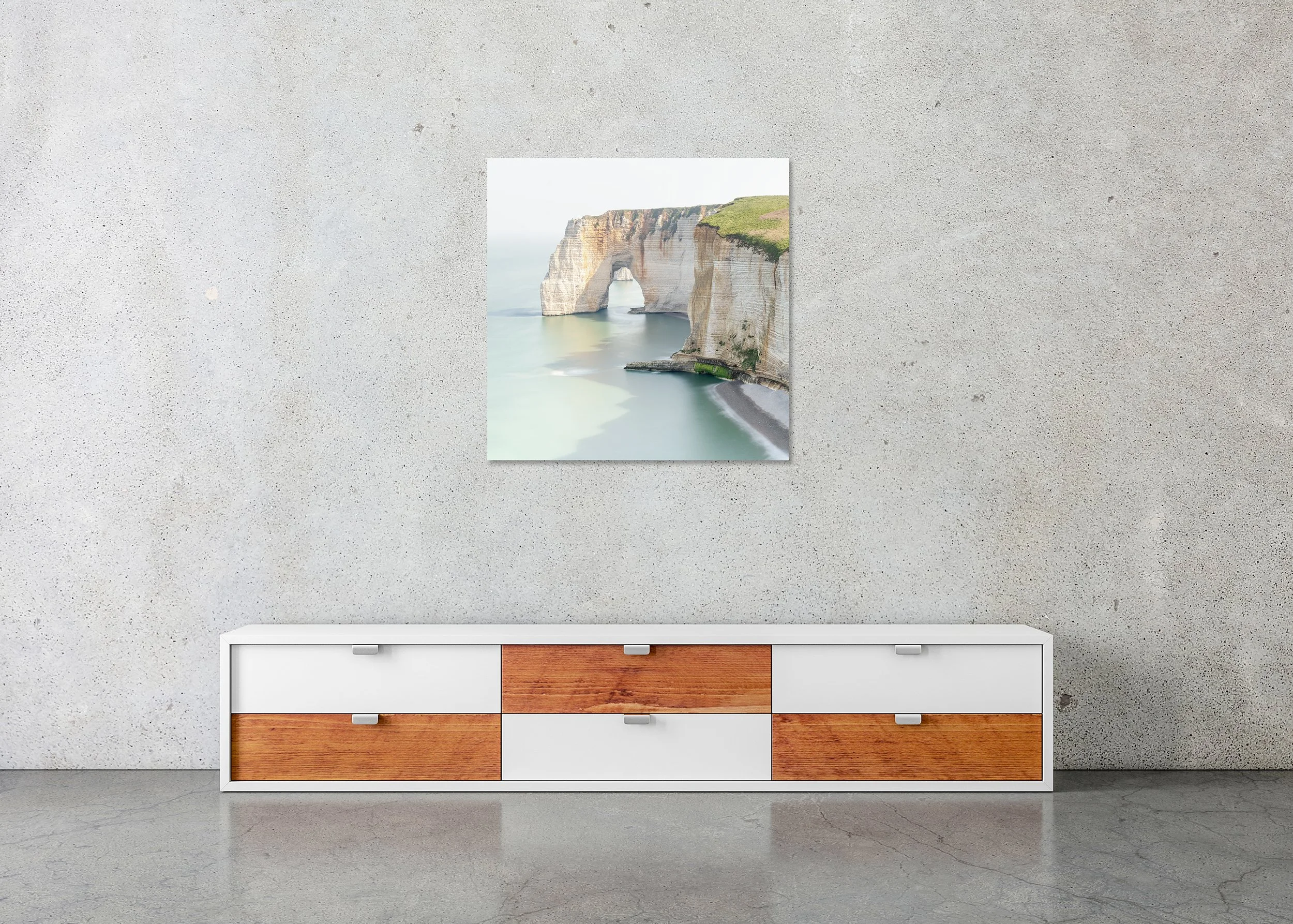 Alabaster Coast, Study 3 – frameless colour photograph on aluminium Dibond displayed in a minimalist interior.