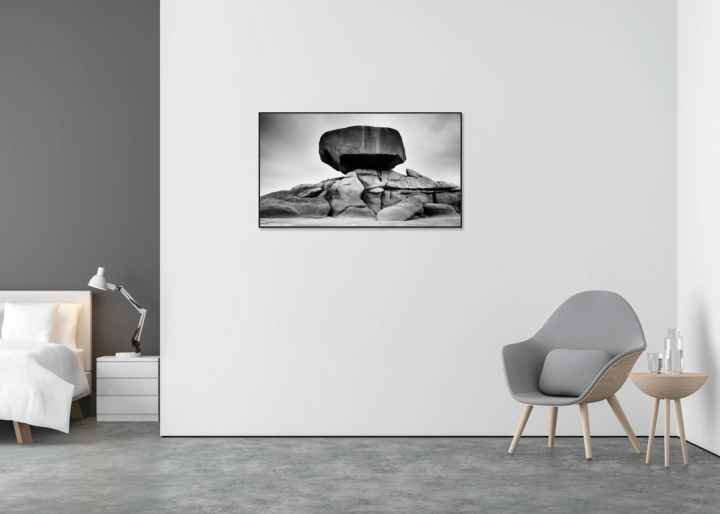 Pink Granite Coast Panorama Study 2 by Gerald Berghammer, black-and-white fine art photograph in a black aluminium ArtBox frame displayed in a modern interior.