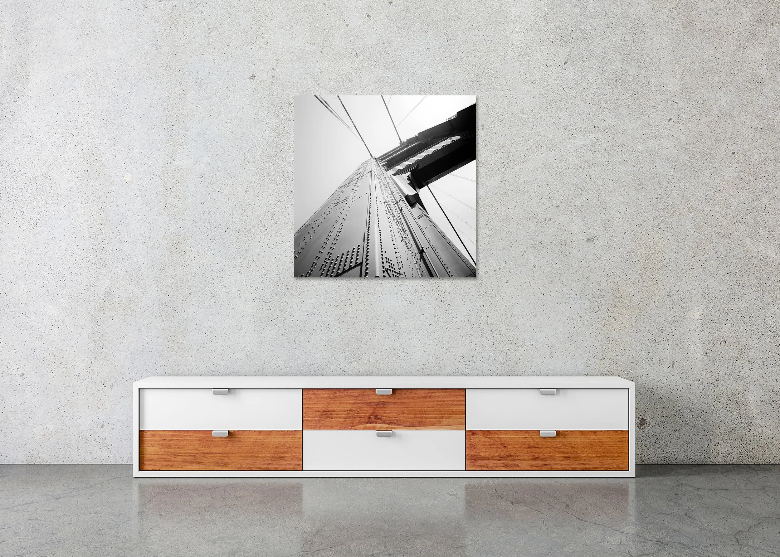 Golden Gate, Detail Study 2 by Gerald Berghammer displayed in a contemporary interior as a frameless Dibond artwork.
