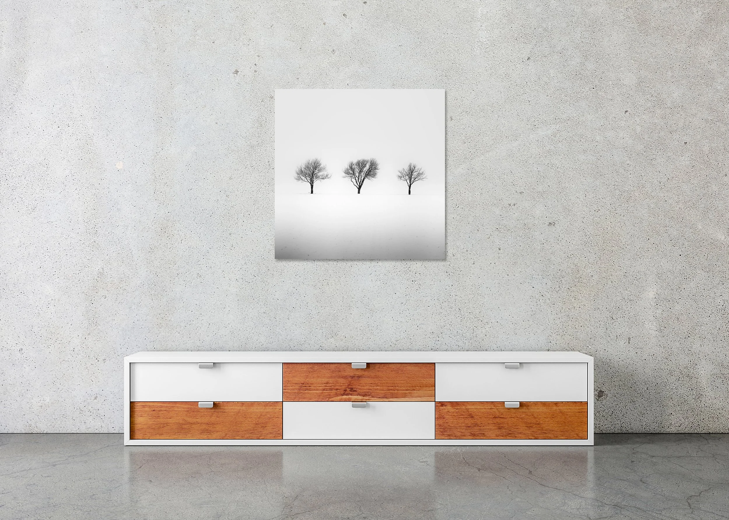 Minimalist monochrome winter landscape in Austria with three trees in snow; frameless photo print mounted to Dibond.