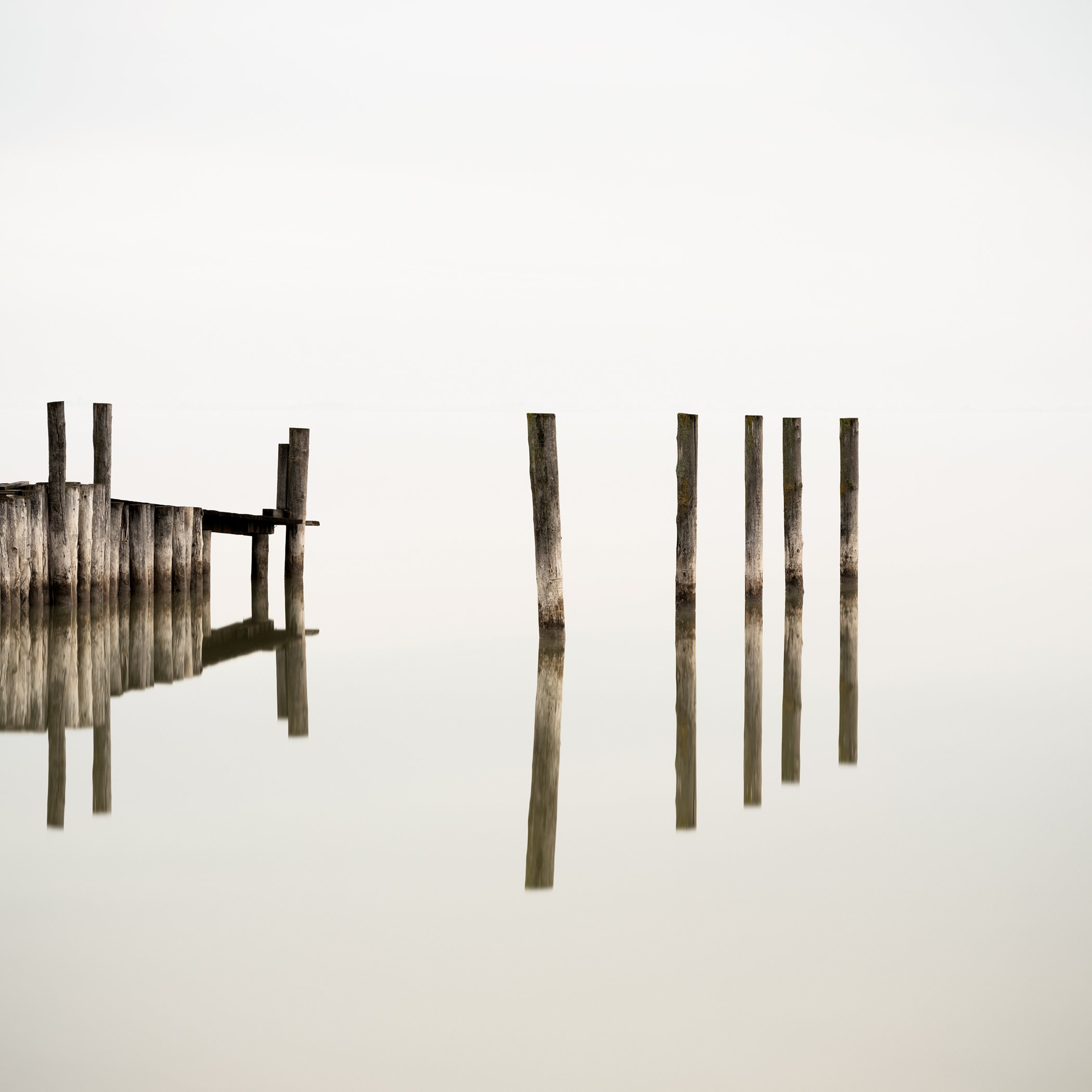 Minimalist colour photograph of weathered wooden pegs reflected in a still Austrian lake by Gerald Berghammer.