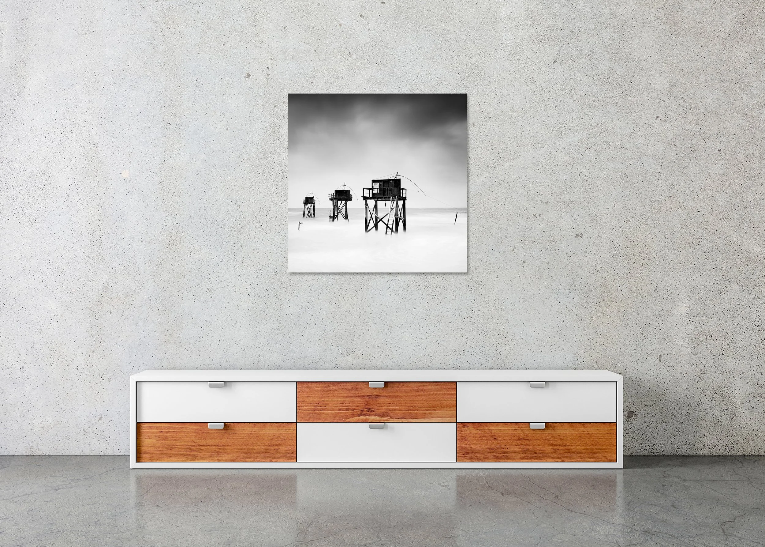 Fishing Hut on Stilts, Study 7 – frameless black-and-white photograph displayed above a low cabinet.