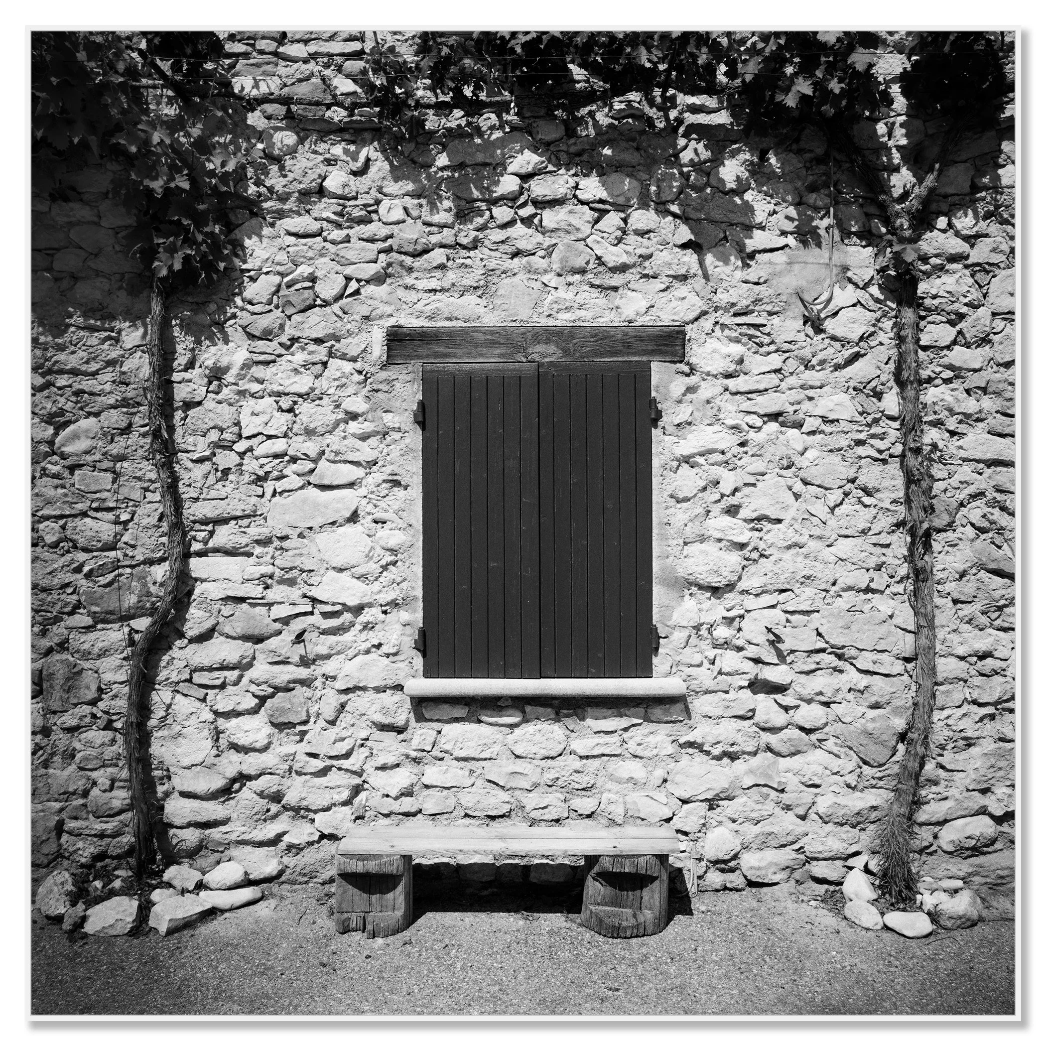 Gerald Berghammer - Black & white photography. Stone wall with a closed wooden window shutter, flanked by climbing vines on both sides, and a small bench. Chromaluxe framed white