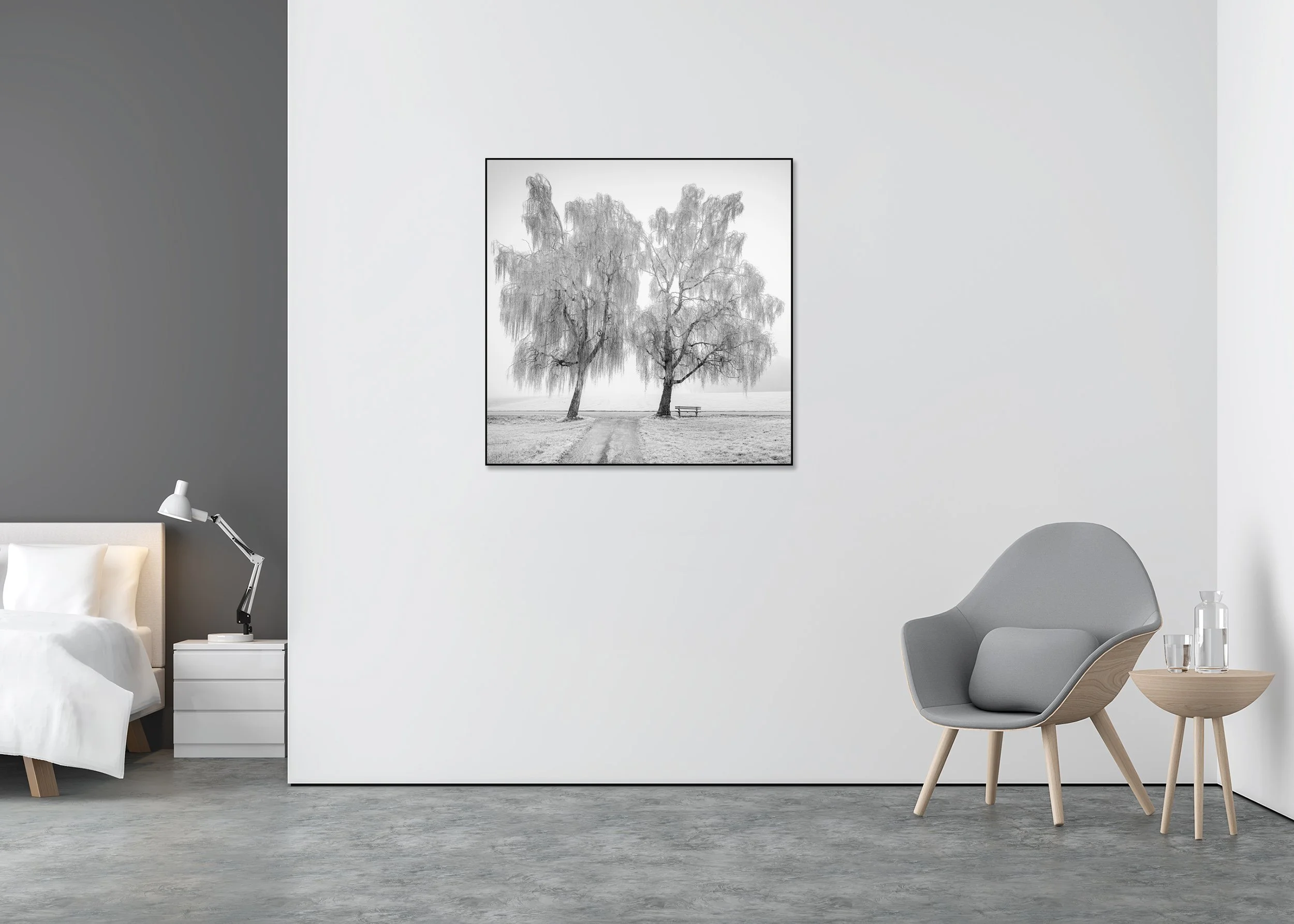 Place to Linger, Winter Study 1 – black-and-white Dibond print in an aluminium ArtBox displayed on a minimalist bedroom wall.