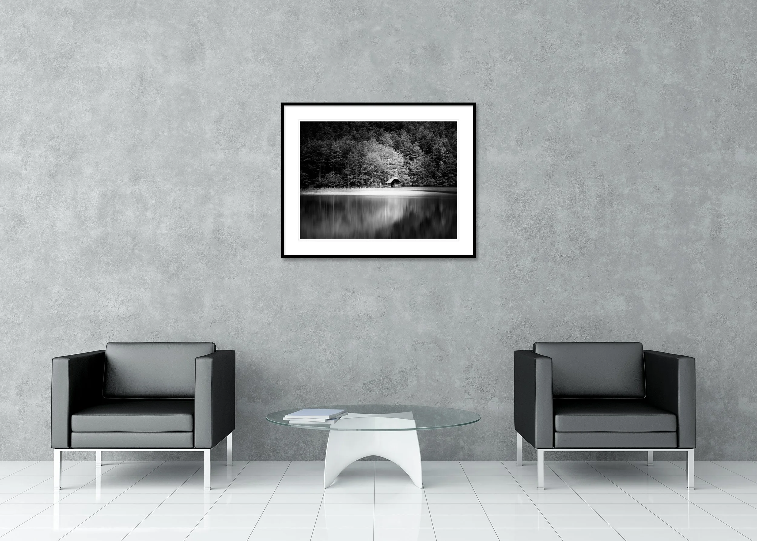 Wooden Boathouse, Study 1 – archival pigment print in a black aluminium frame with a white mount displayed in a modern lounge.