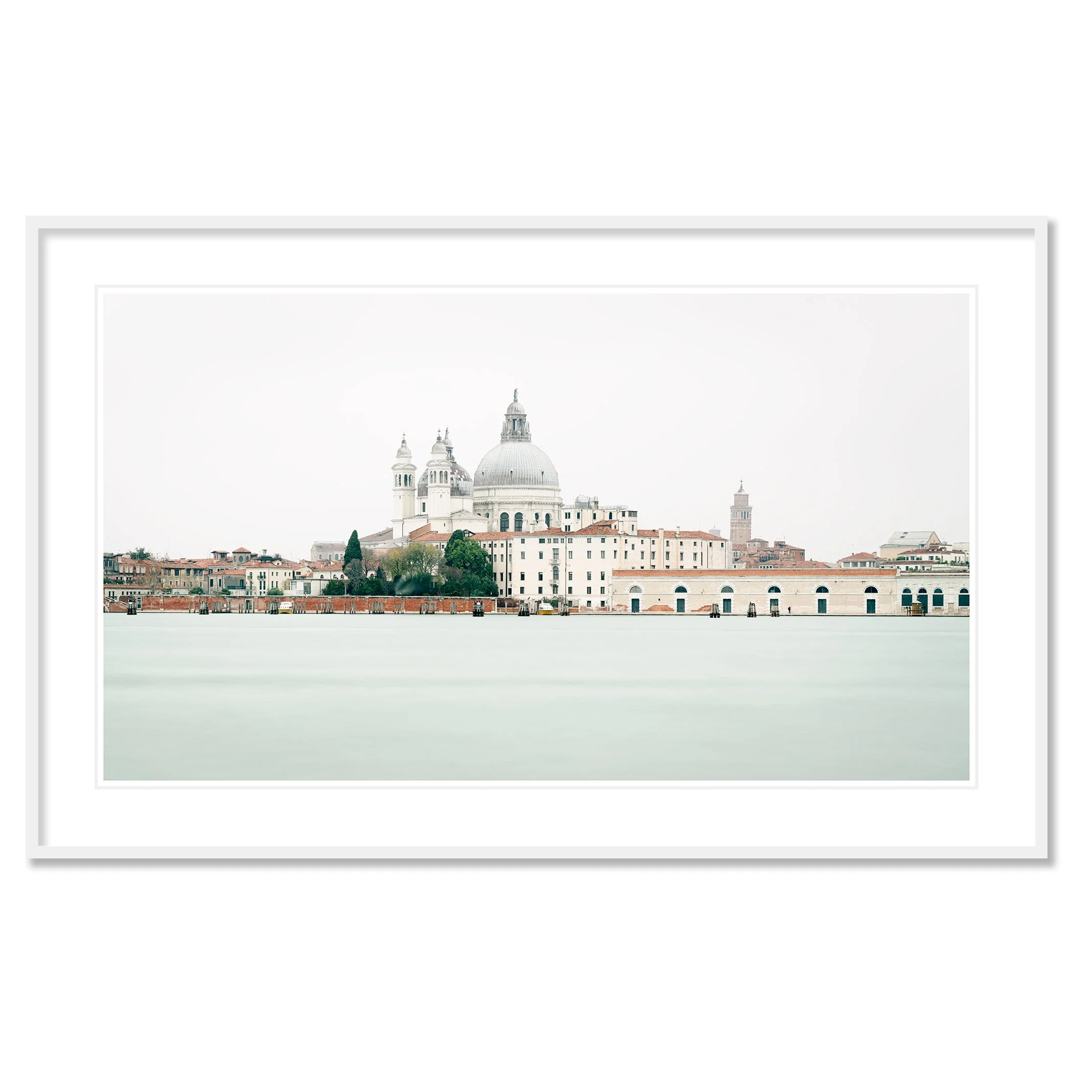 Gerald Berghammer - Color cityscape photography. View of a city skyline with the Basilica di Santa Maria della Salute in Venice, Italy, on a foggy day. Classic framed white