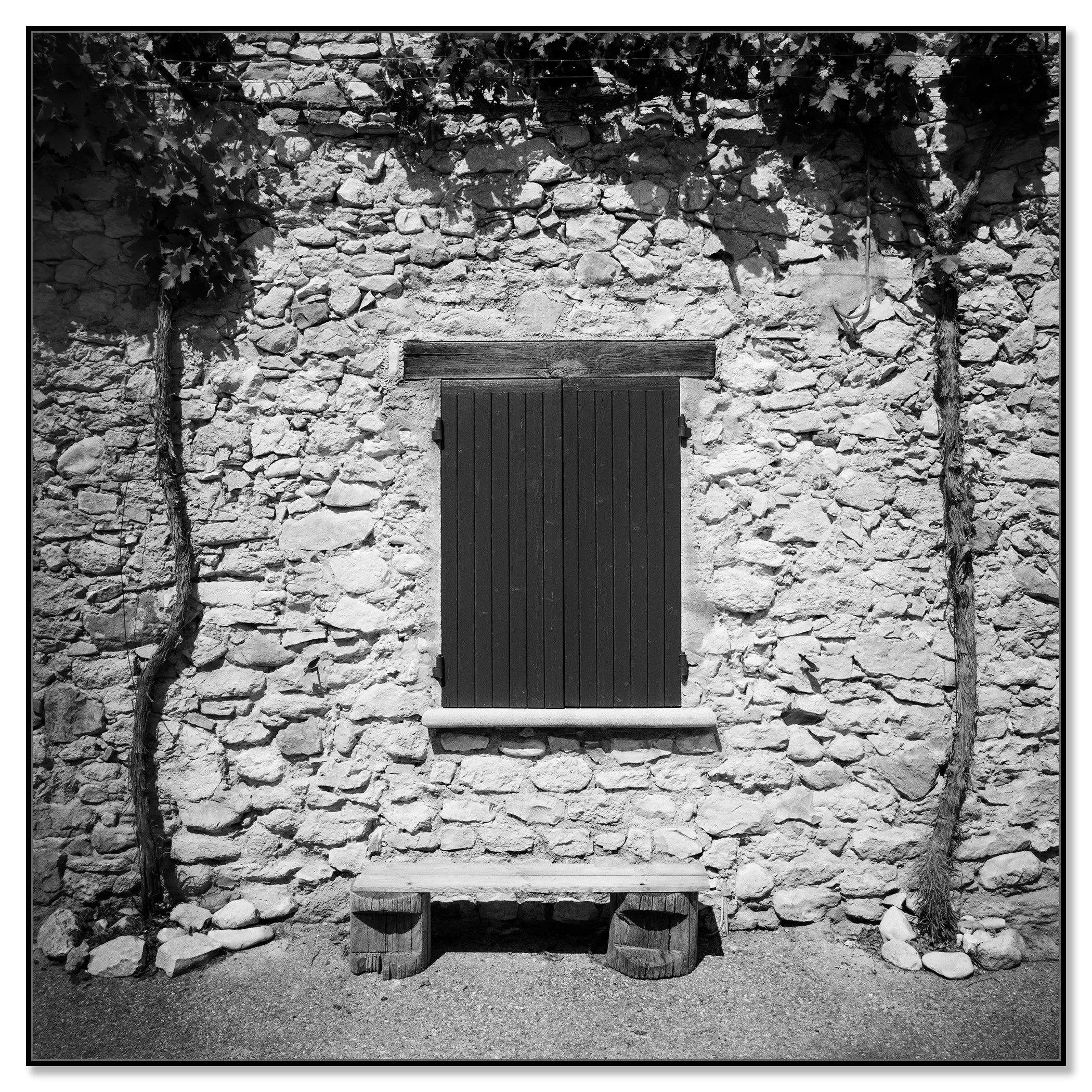 Gerald Berghammer - Black & white photography. Stone wall with a closed wooden window shutter, flanked by climbing vines on both sides, and a small bench. Chromaluxe framed black
