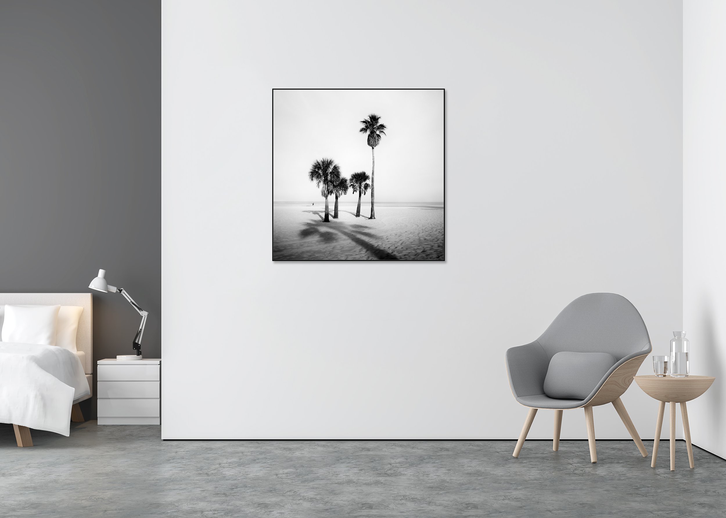 Palm Beach Study 5 displayed in a modern interior, mounted on aluminium Dibond in a black ArtBox frame by Gerald Berghammer.