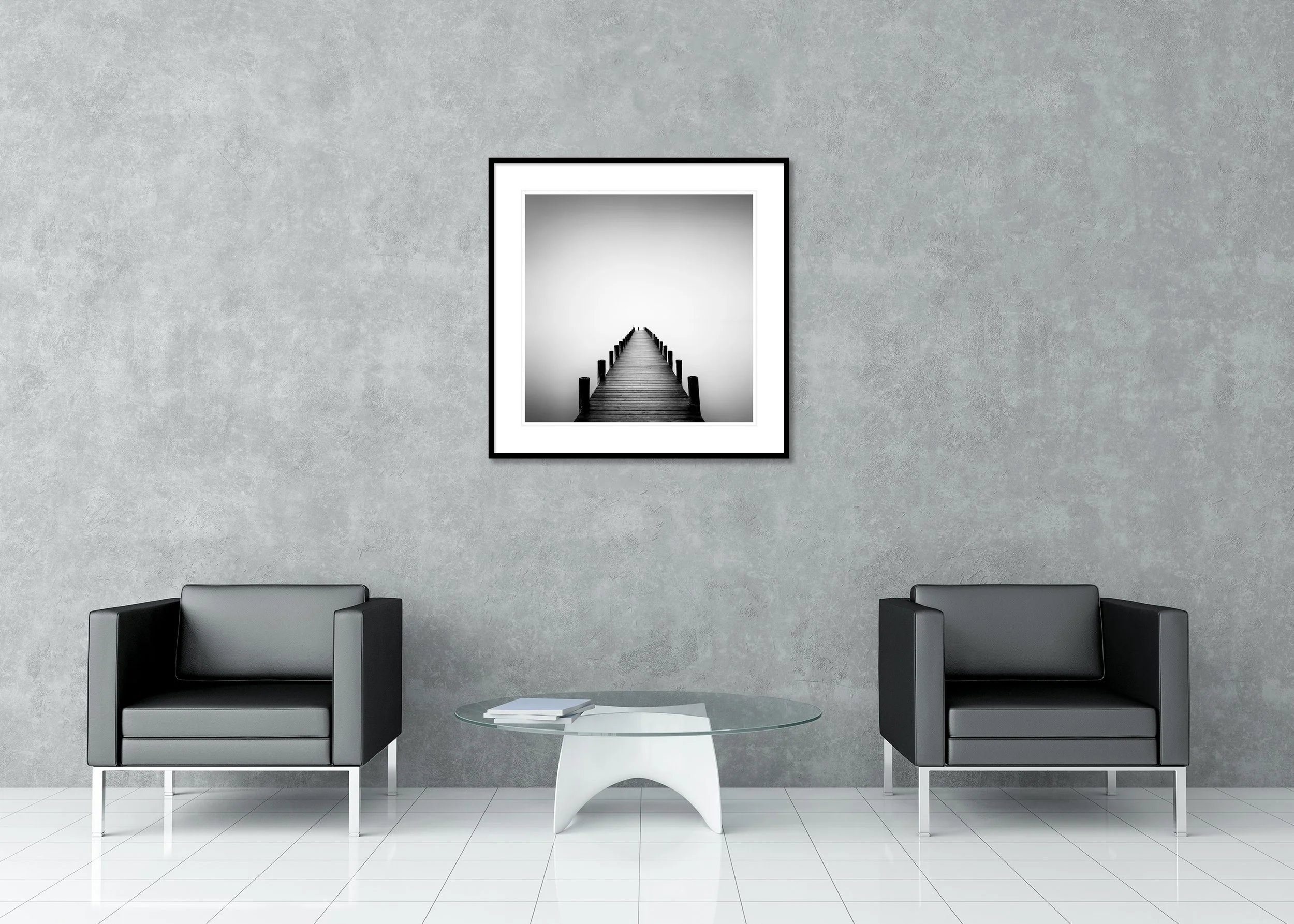 Pier on Misty Lake Study 1 – Austria, archival pigment print in an aluminium frame with white mount