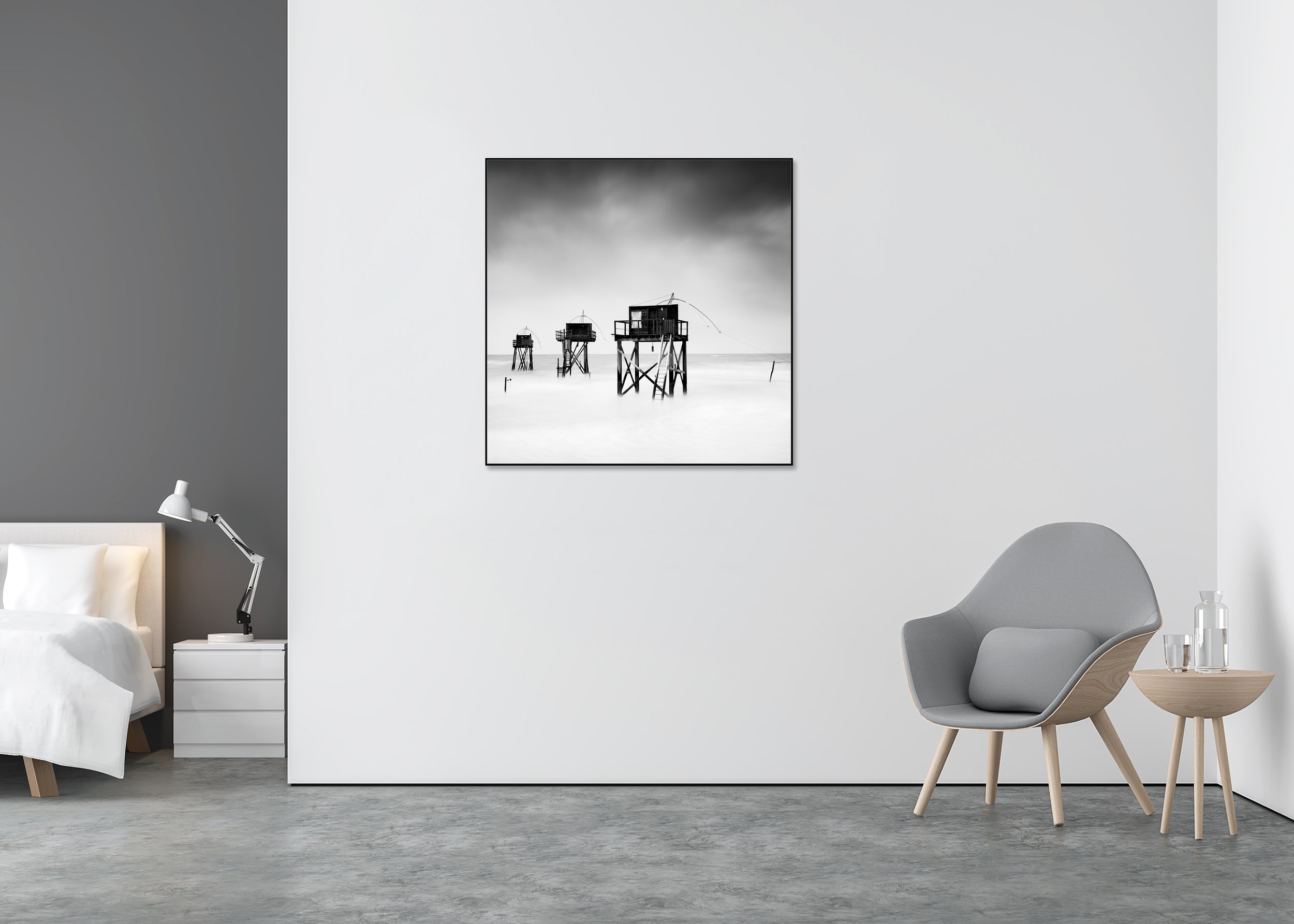 Fishing Hut on Stilts, Study 7 – black-and-white print in a black aluminium ArtBox in a minimalist bedroom.