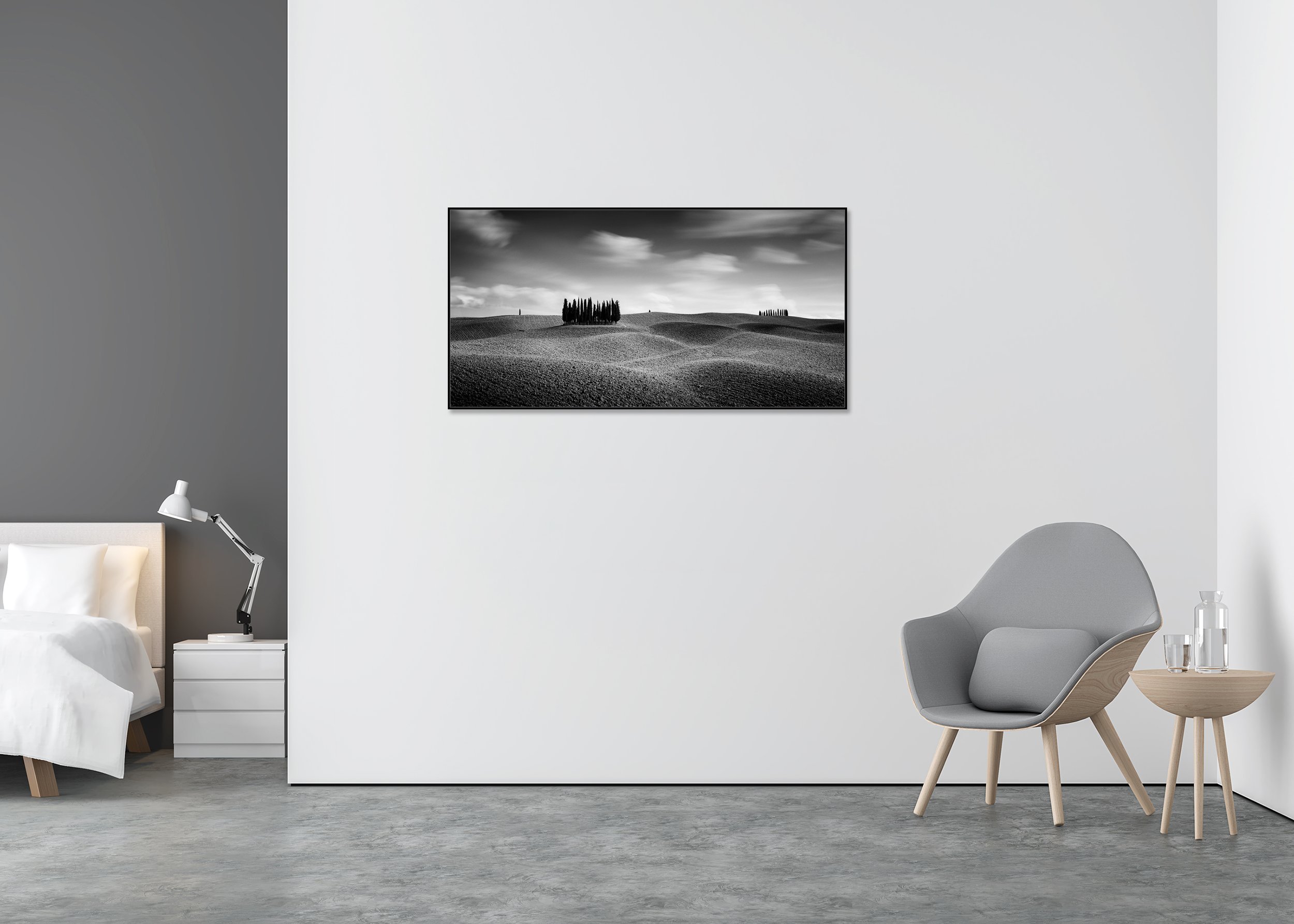 Cypress Hill Panorama Study 3 displayed in a modern interior as a black-and-white Dibond print in a black aluminium ArtBox frame by Gerald Berghammer.