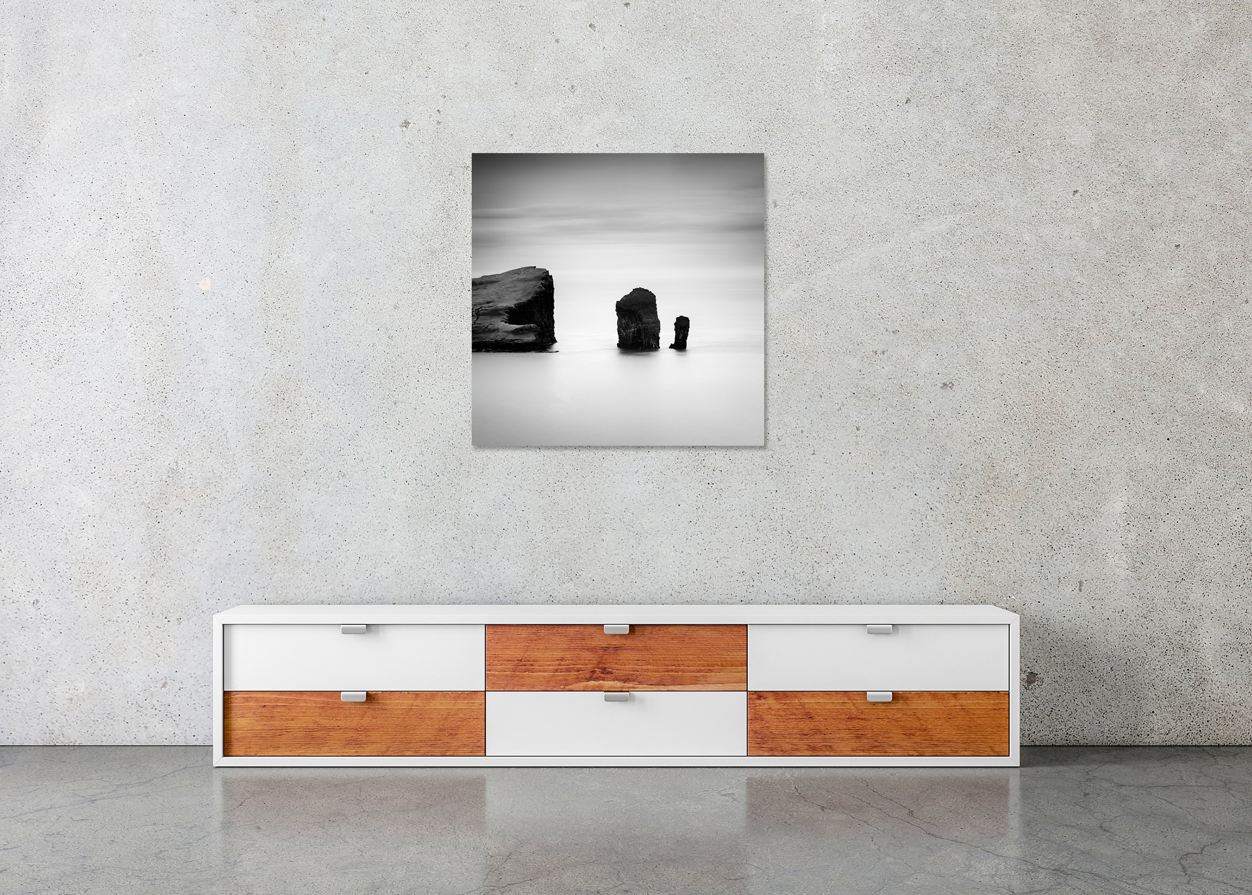 North Atlantic Basalt Study 1 displayed in a modern interior as a frameless black-and-white aluminium Dibond print by Gerald Berghammer.