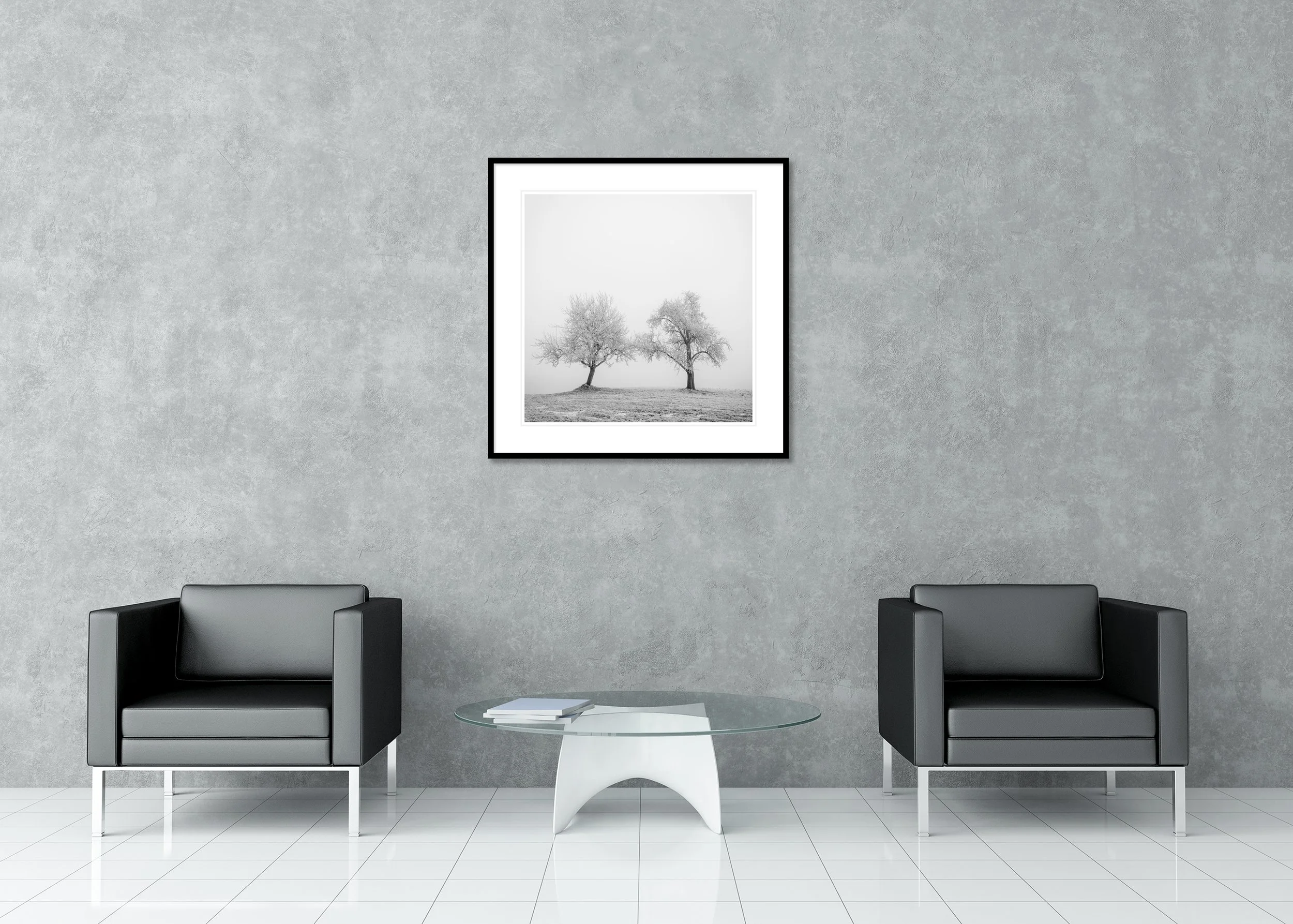 Hoarfrosted Trees Study 1 displayed in a modern interior as an archival pigment print in a black aluminium frame with a white mount by Gerald Berghammer.