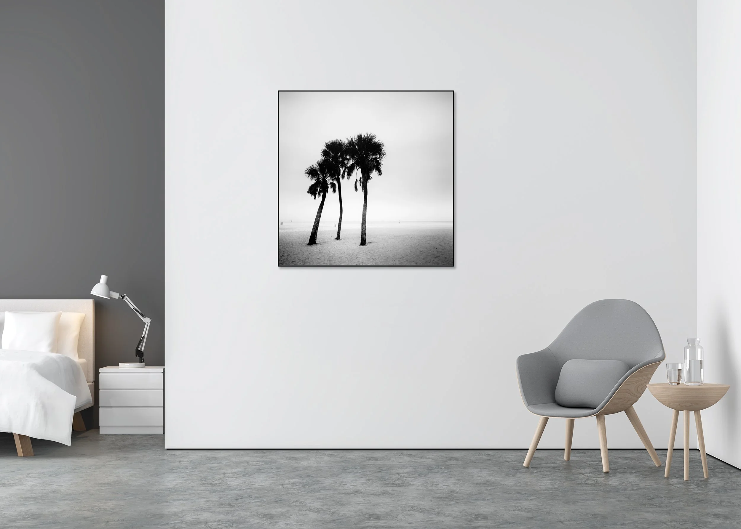 Palm Beach Study 1 displayed in a modern interior as a black-and-white Dibond print in a black aluminium ArtBox frame by Gerald Berghammer.