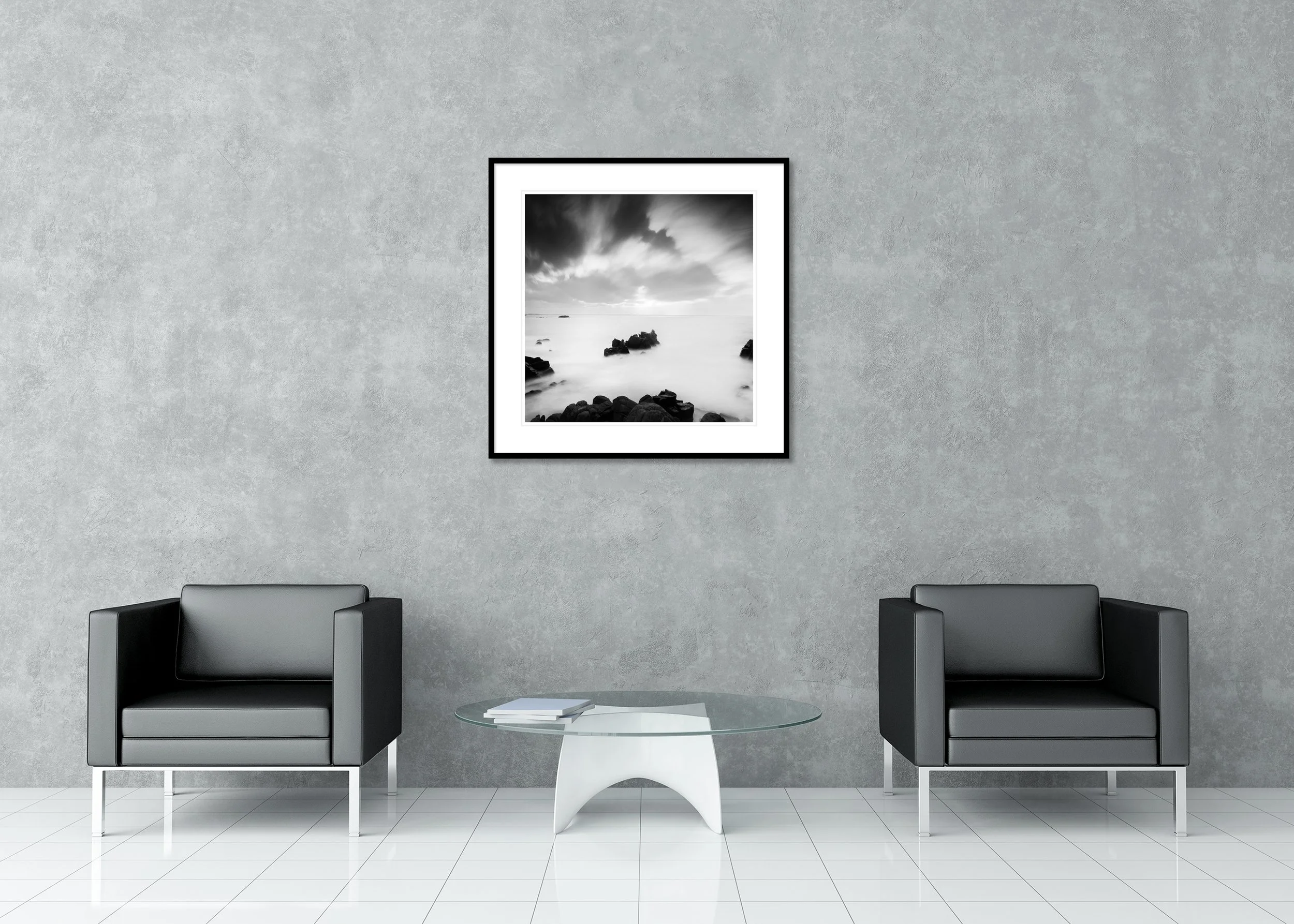 Gerald Berghammer - After the Rainbow, long exposure seascape rocks, France, Archival pigment print, aluminium frame, passe-partout, anti reflex glass