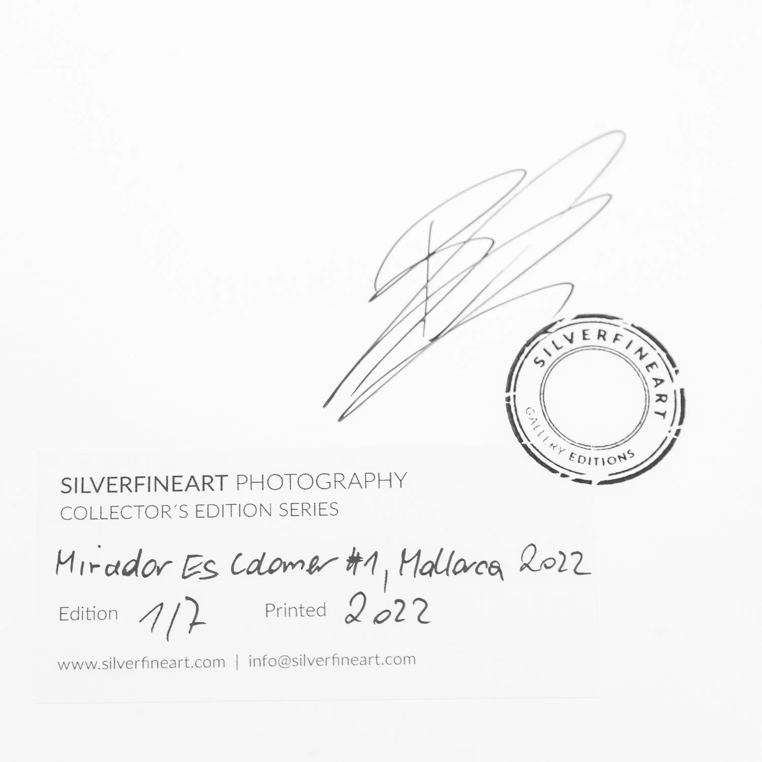 Detail of Gerald Berghammer’s signature, SILVERFINEART stamp, handwritten artwork title, edition 1/7 and print year 2022.