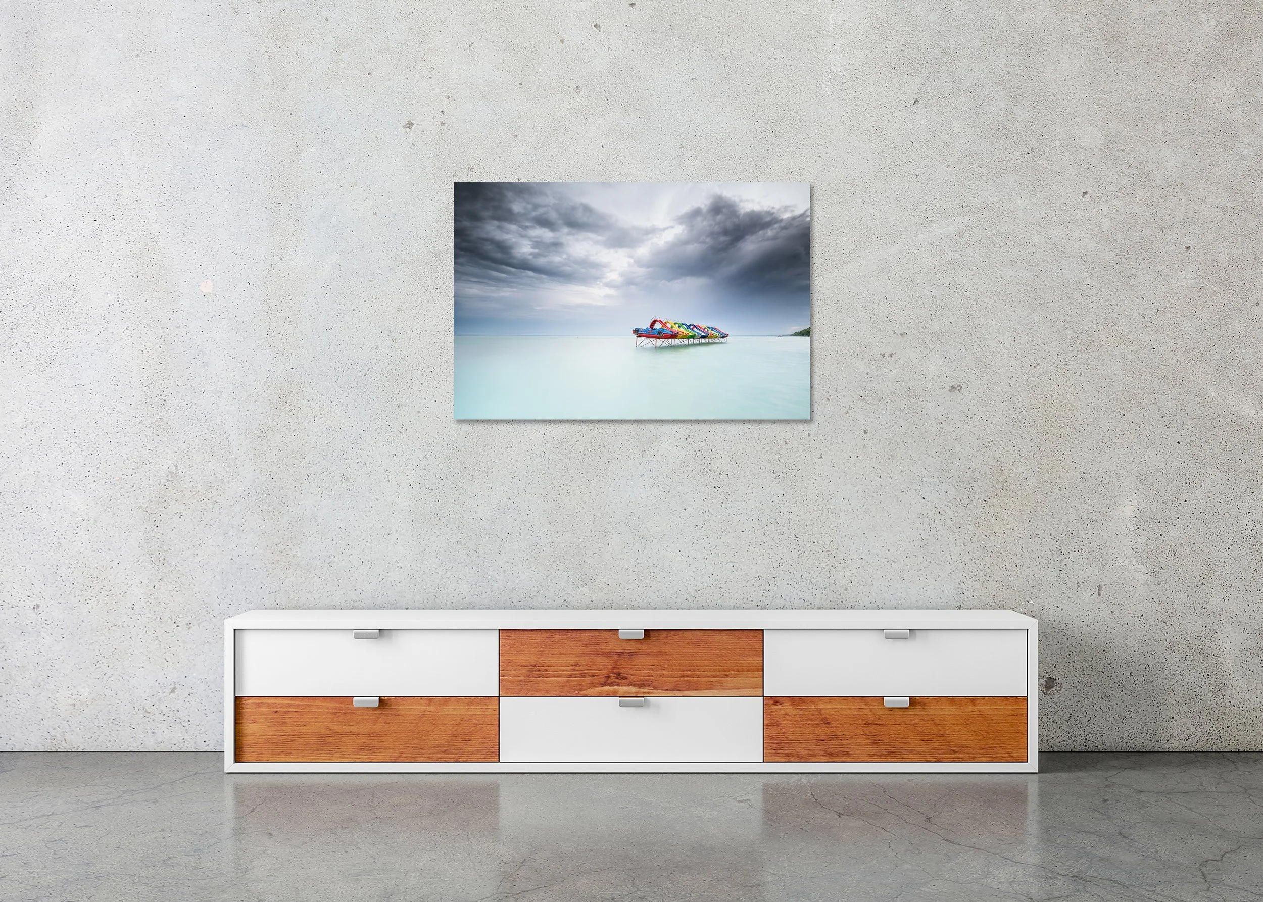 Pedal Boat Colour Study 1 displayed in a modern interior as a frameless colour artwork mounted on aluminium Dibond. Photo by Gerald Berghammer.