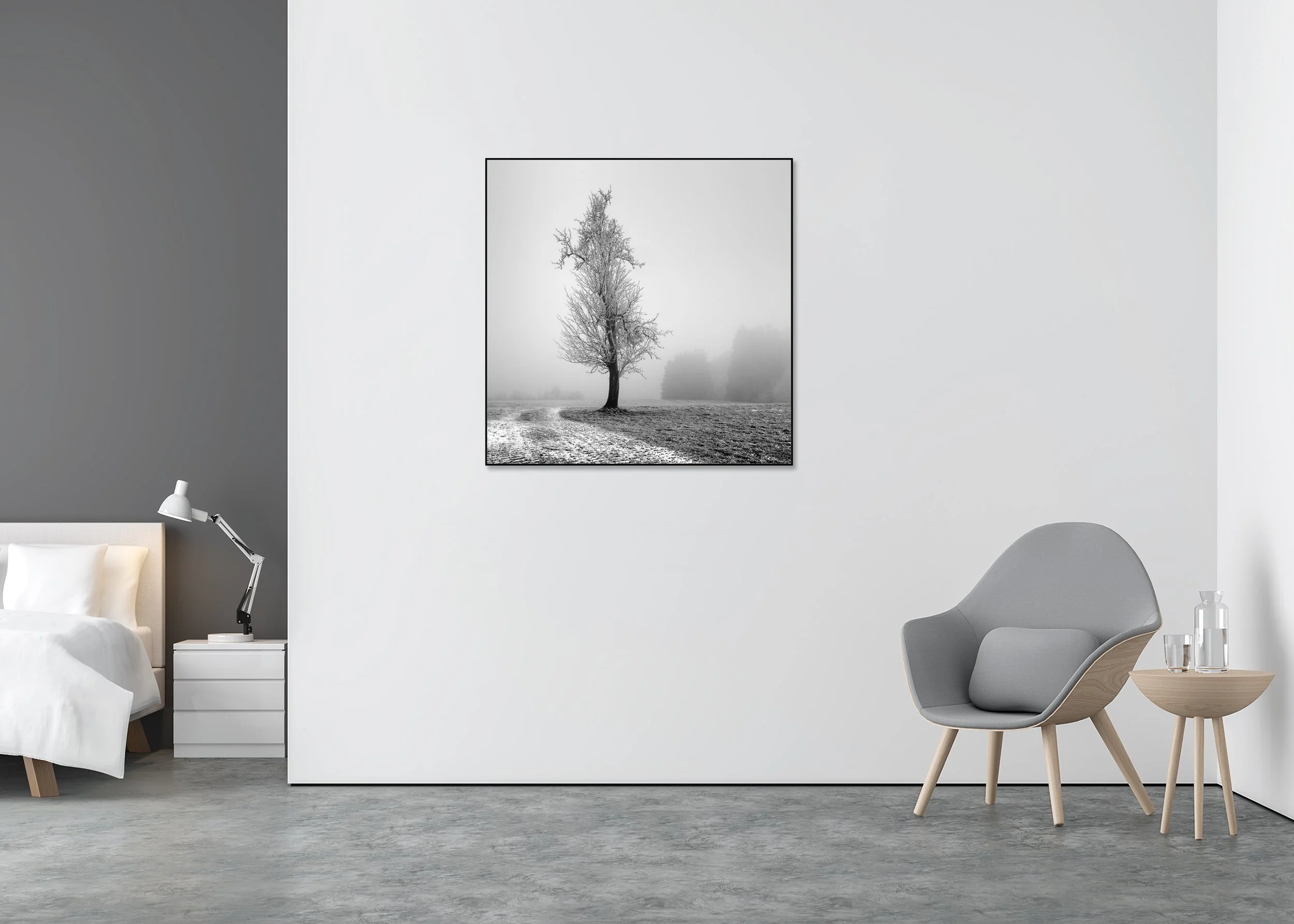 Black and white landscape print with bare tree, fog and frosty grass, mounted on Dibond in an aluminium ArtBox frame