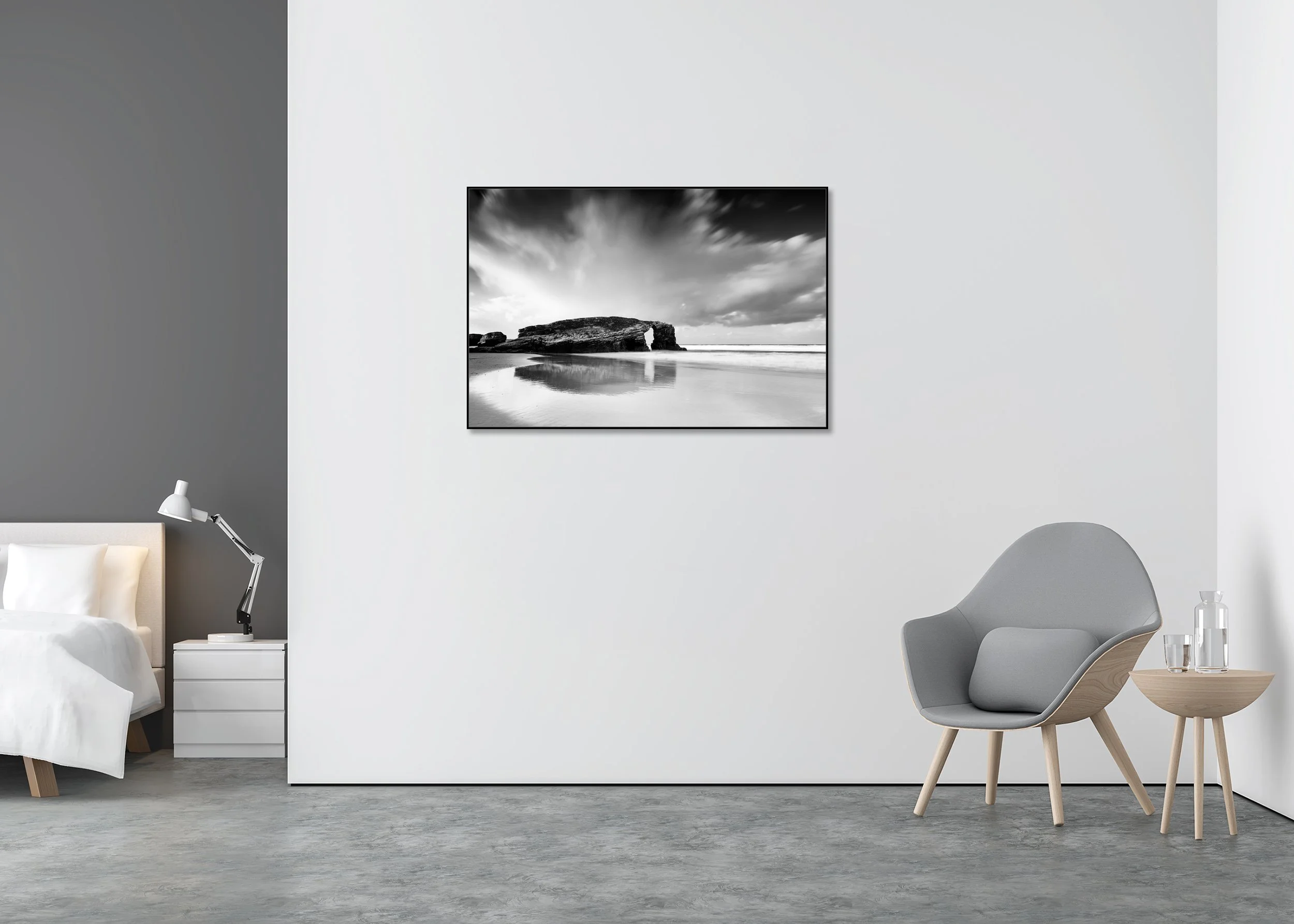 Minimalist black-and-white seascape of As Catedrais Beach, Spain, featuring the rock arch and horizon line, mounted as a Dibond photo print in an aluminium ArtBox.