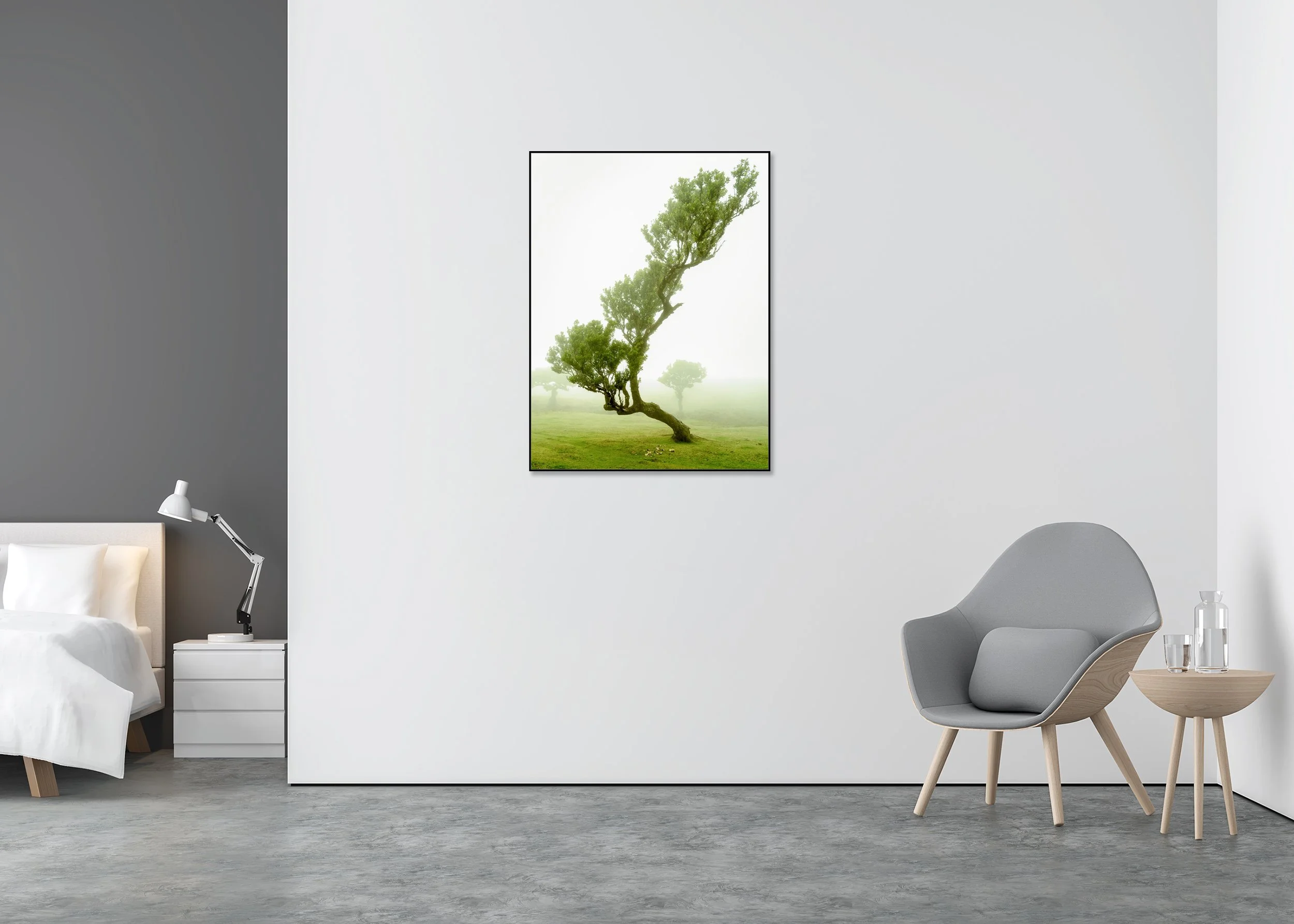 Wind-shaped tree in a foggy meadow, minimalist landscape photo print mounted to Dibond in an aluminium ArtBox.