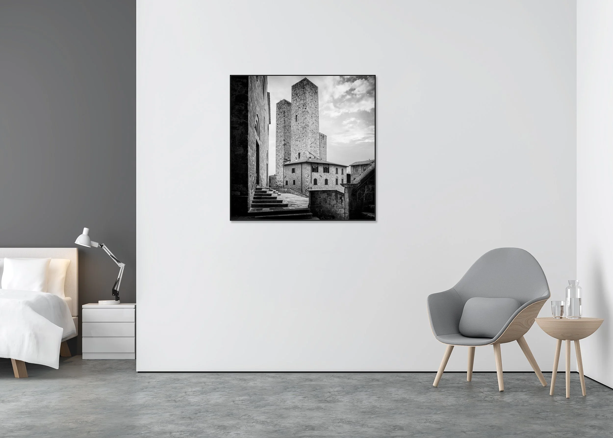 Monochrome photo print of medieval towers above historic buildings in San Gimignano, Italy, mounted to Dibond in an aluminium ArtBox frame.
