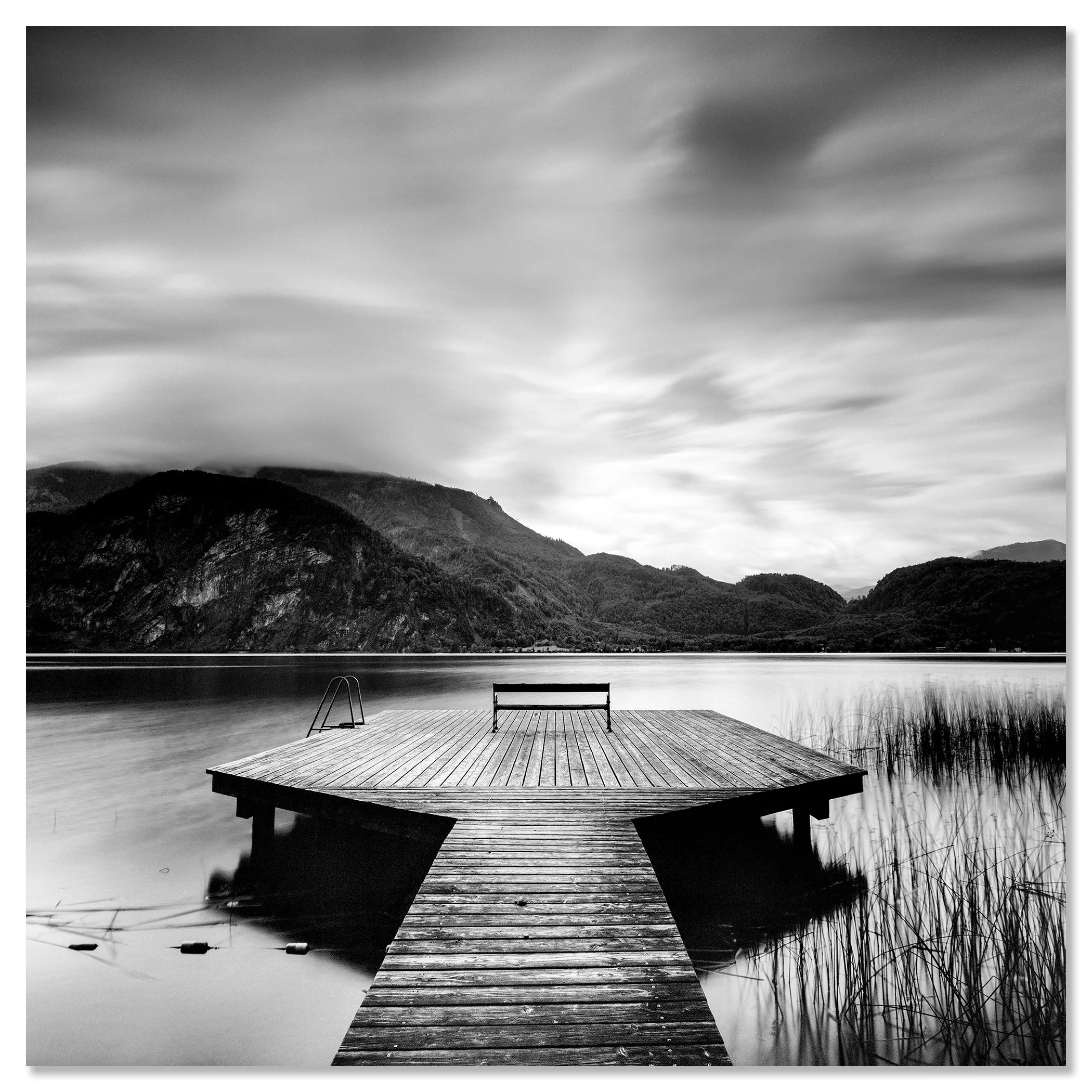 Wood Pier Study 2 – Austria, black-and-white photograph mounted on frameless Dibond