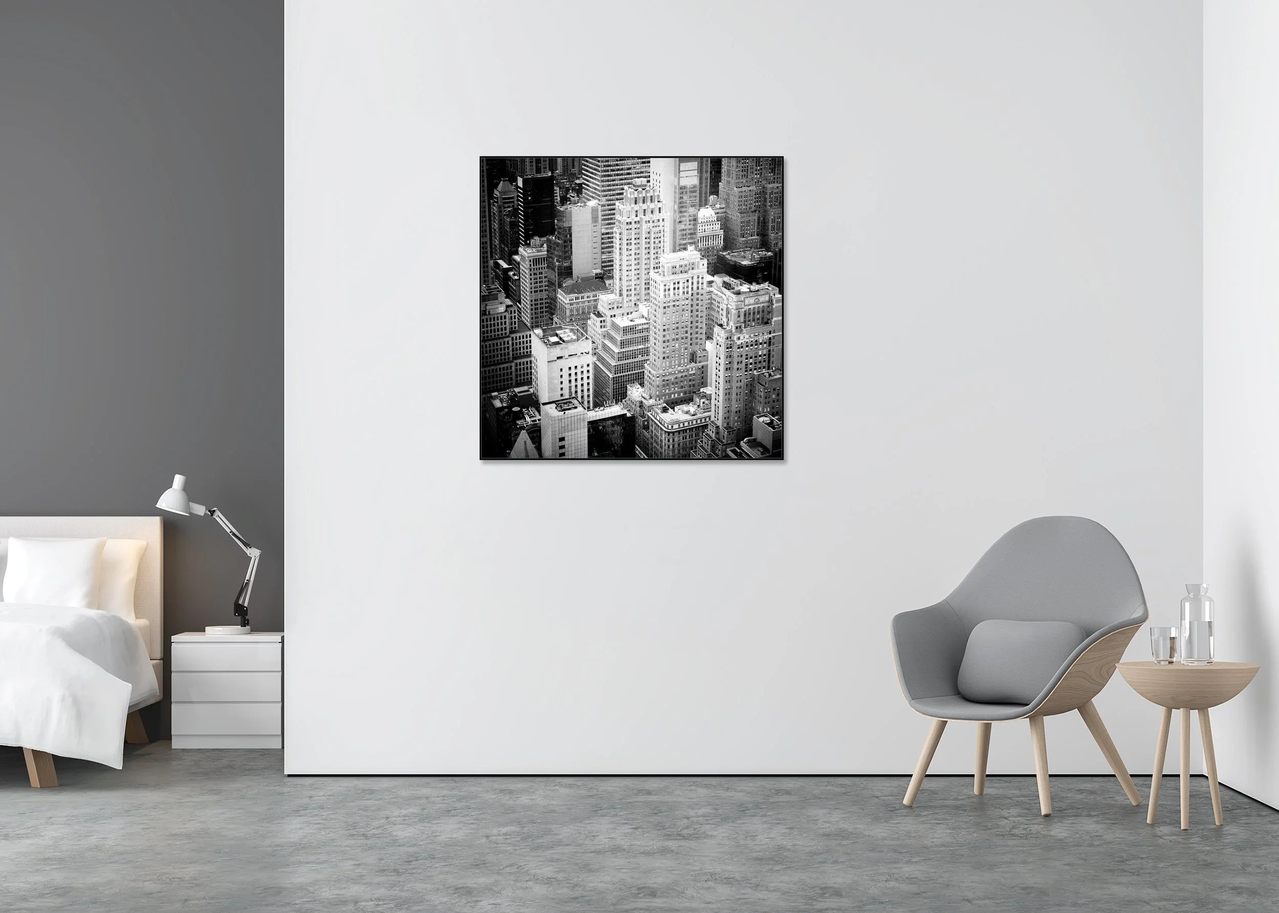 Manhattan Study 2 displayed in a modern interior, mounted on aluminium Dibond in a black ArtBox frame by Gerald Berghammer.