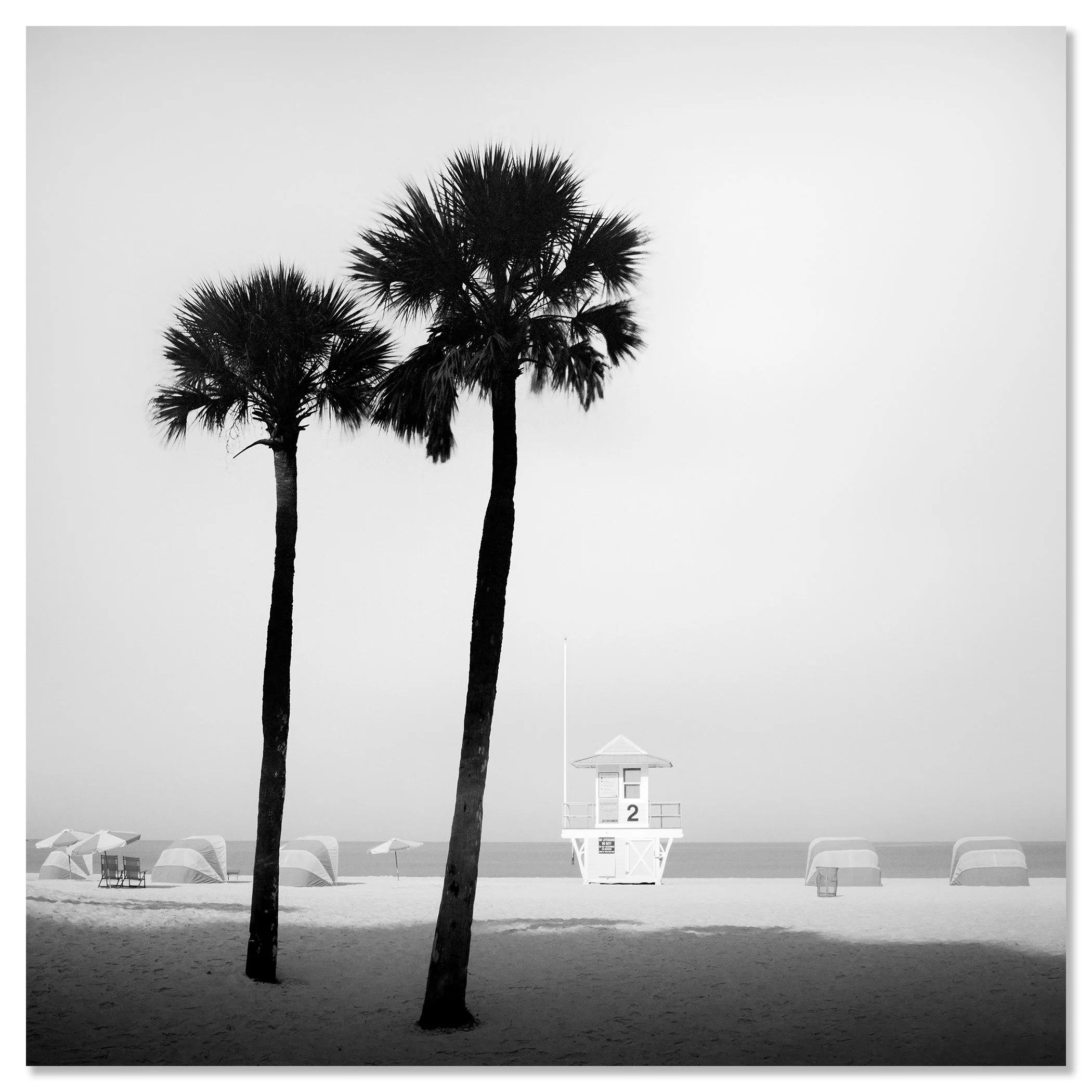 Lifeguard Tower Study 2 shown as a frameless black-and-white artwork mounted on aluminium Dibond by Gerald Berghammer.